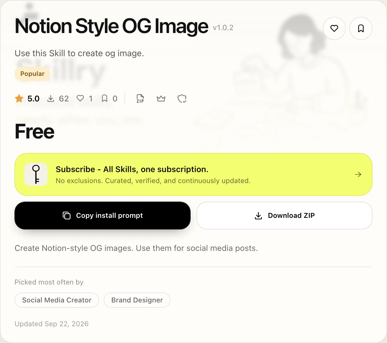 Skillry Skill page for Notion Style OG Image with the Copy install prompt and Download ZIP buttons