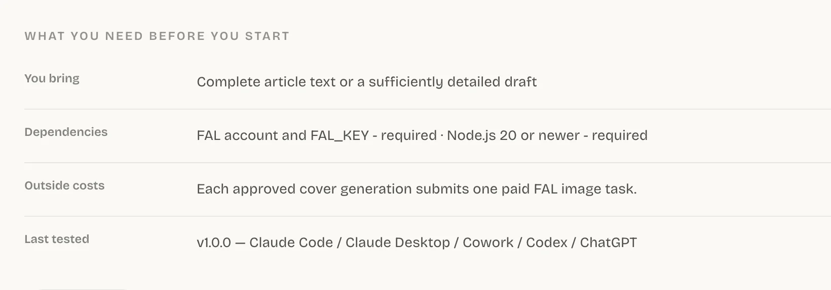 Requirements panel on a Skill page, listing You bring, Dependencies, Outside costs and Last tested