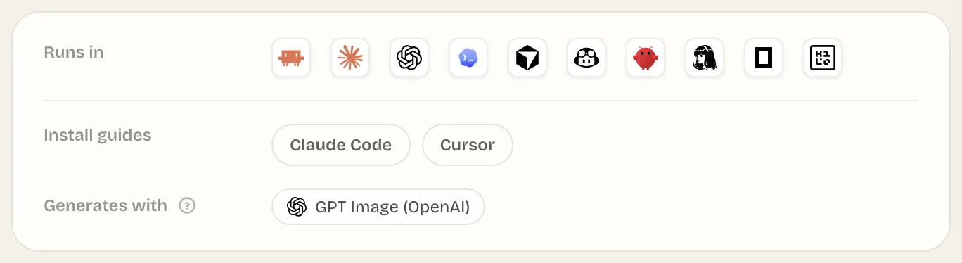 The Runs in row on a Skill page, with agent logos that link to install guides