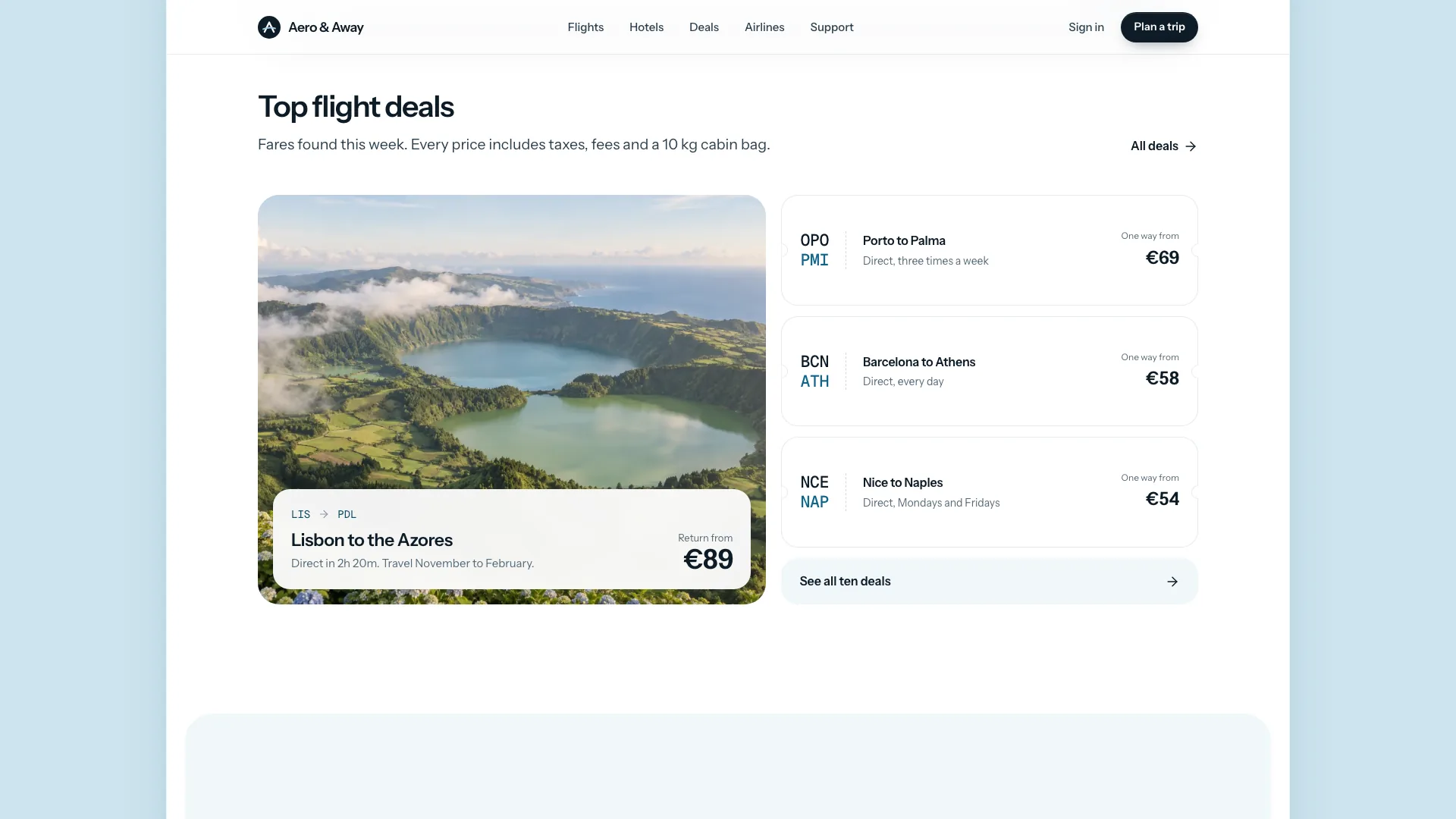 Top flight deals section with an Azores crater-lake card and ticket panel beside three boarding-pass fare stubs for Porto to Palma, Barcelona to Athens and Nice to Naples