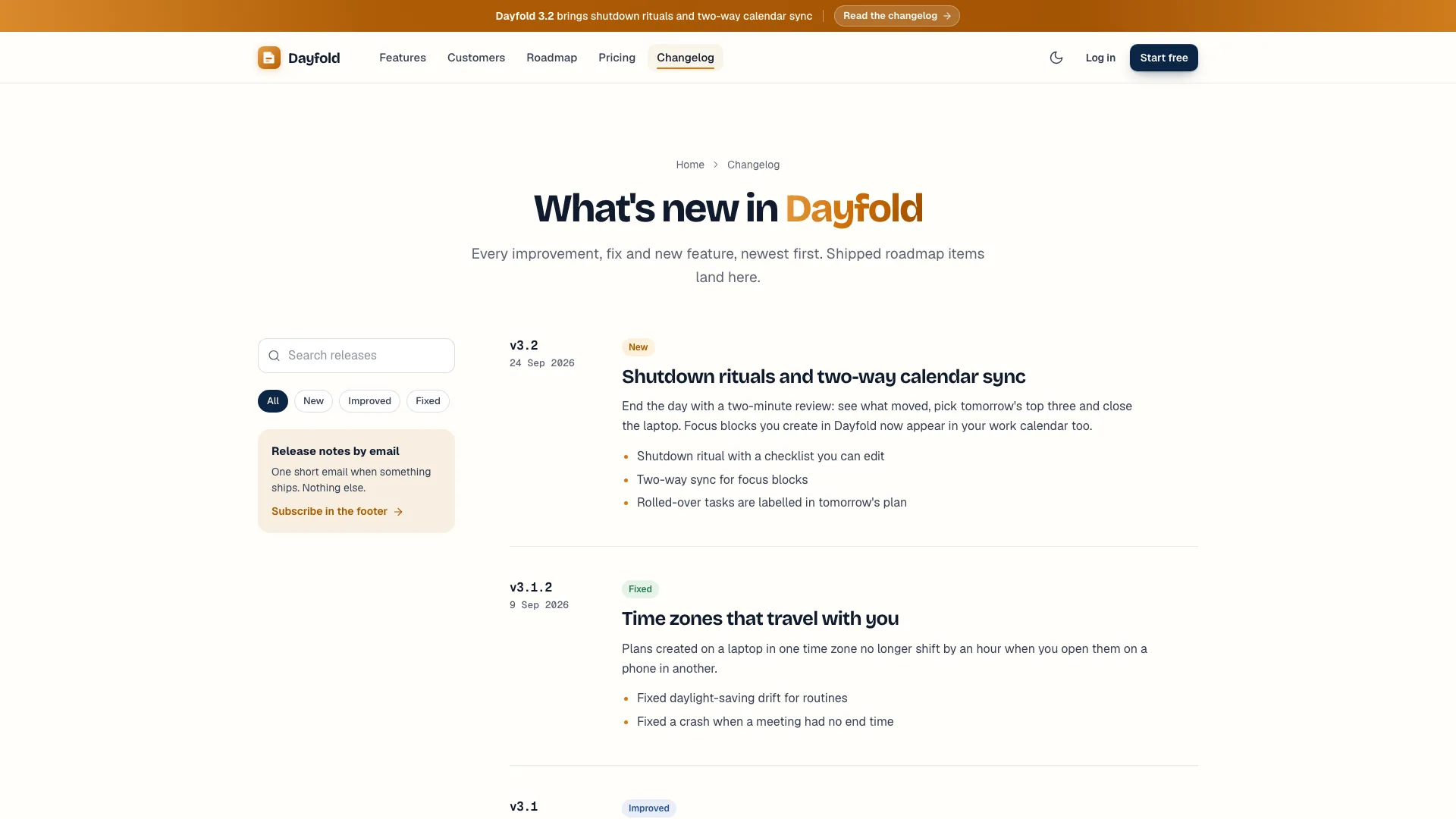 The Dayfold changelog page: version entries with New and Fixed badges beside a release search box and filter chips