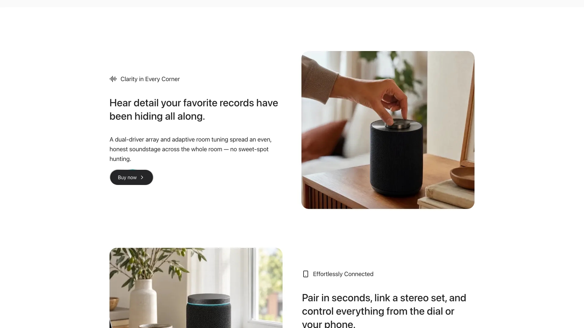 Feature rows Clarity in Every Corner and Effortlessly Connected beside photos of the speaker in a home
