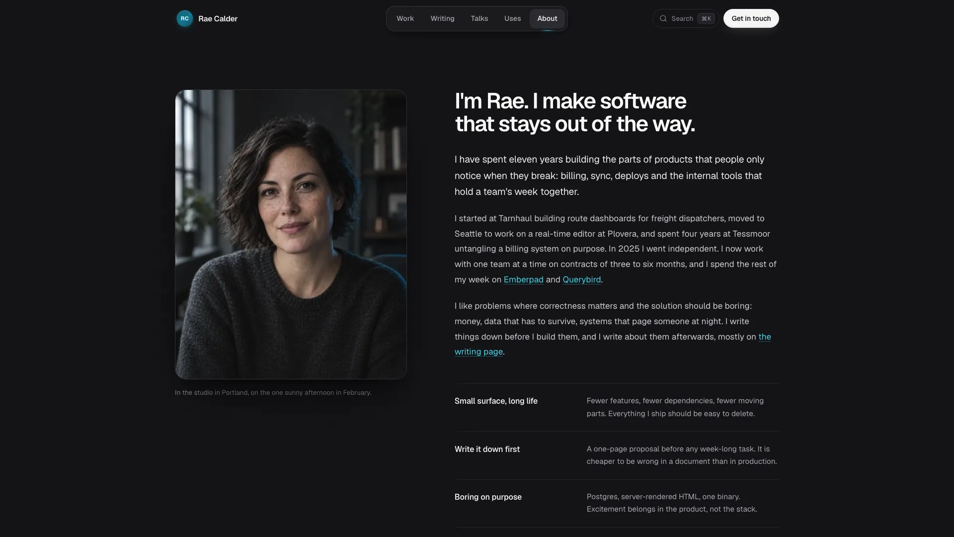 About page with Rae's portrait beside her bio and a list of working principles