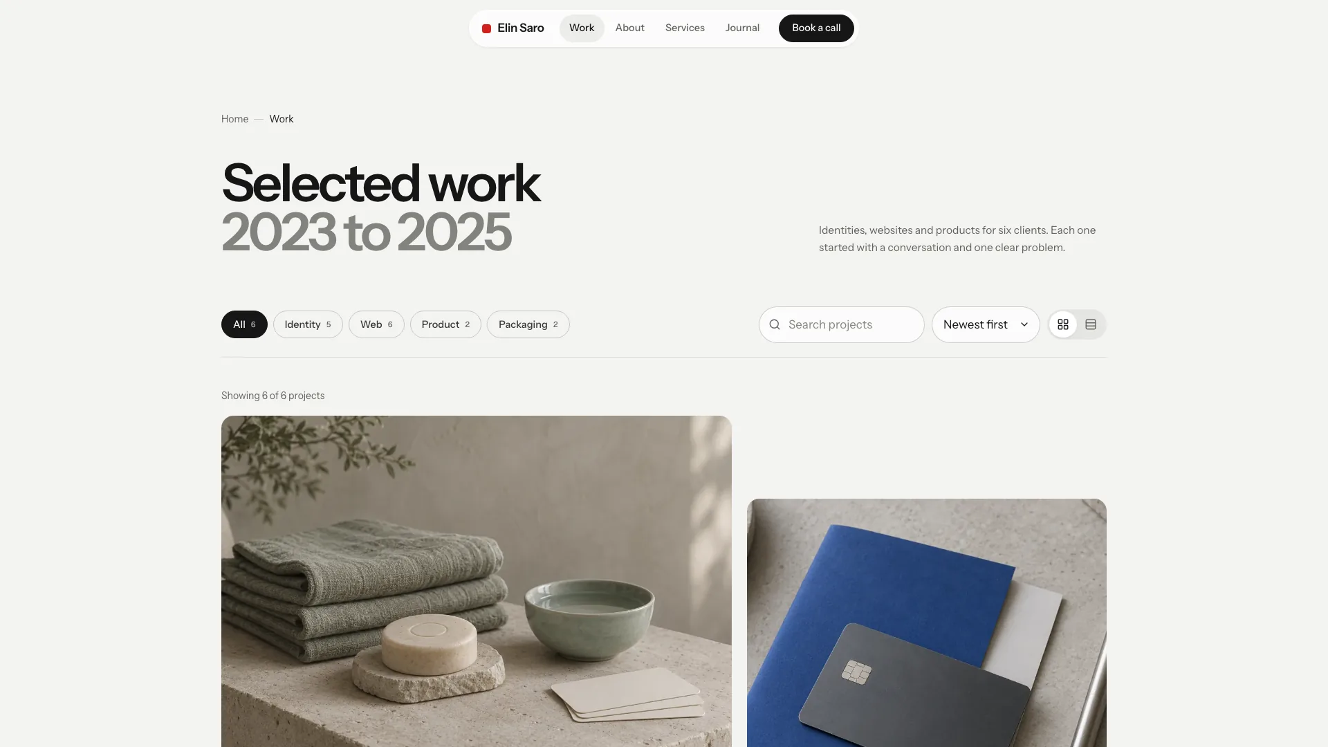 Work index titled Selected work 2023 to 2025 with category chips, a search field, a Newest first sort menu, grid and list toggles and the first project images