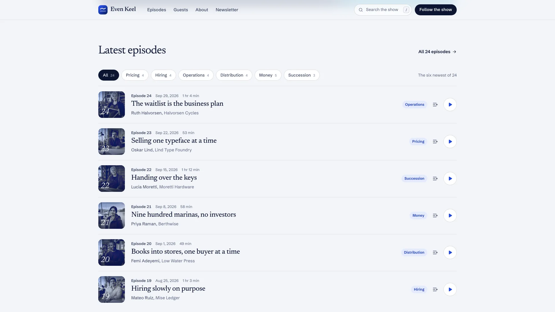 Latest episodes list with duotone guest covers, topic tags and play buttons