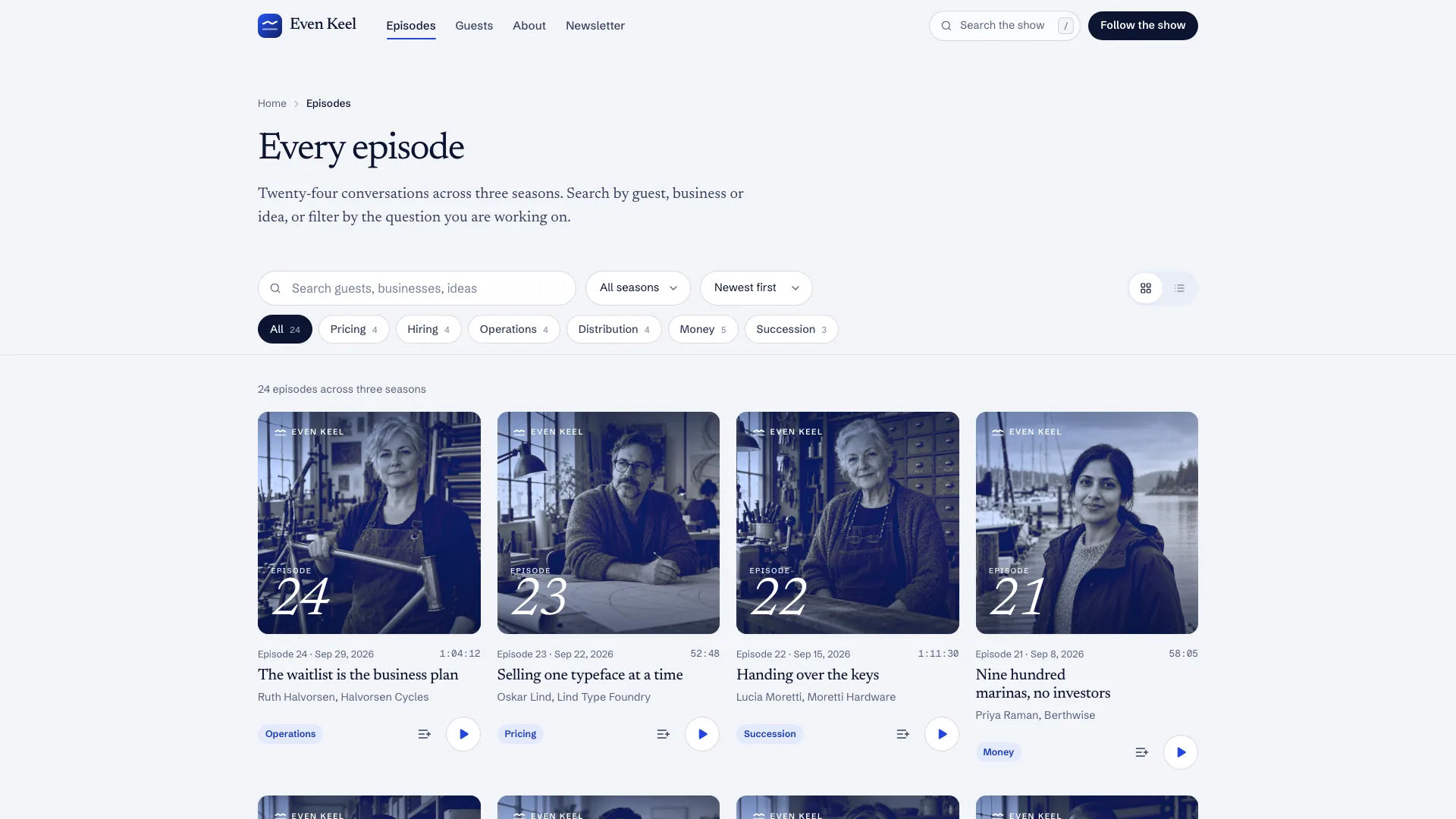 Every episode archive with search, season and sort controls above a grid of duotone episode covers
