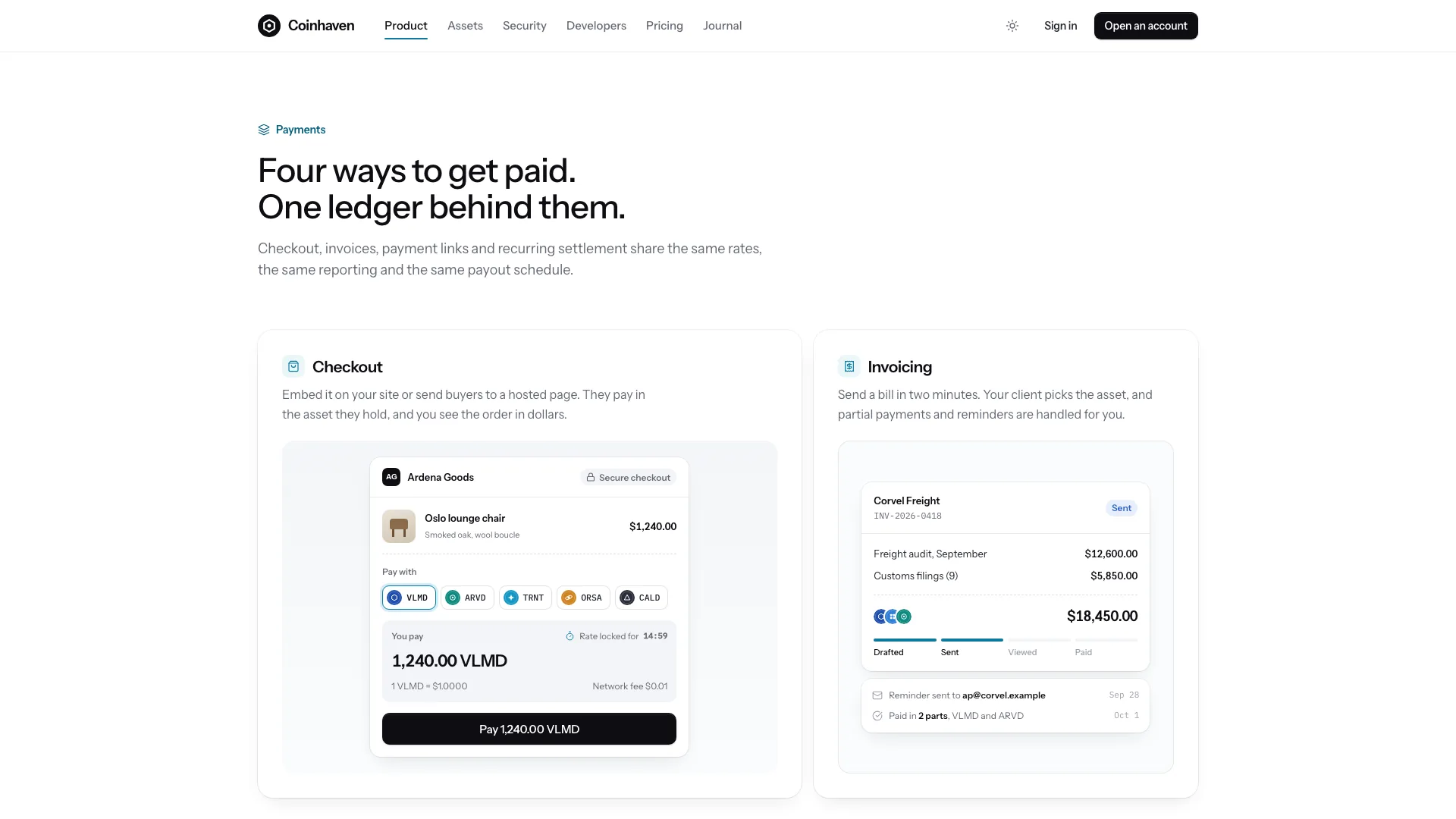 Payments section with a working checkout card and an invoice moving from drafted to paid