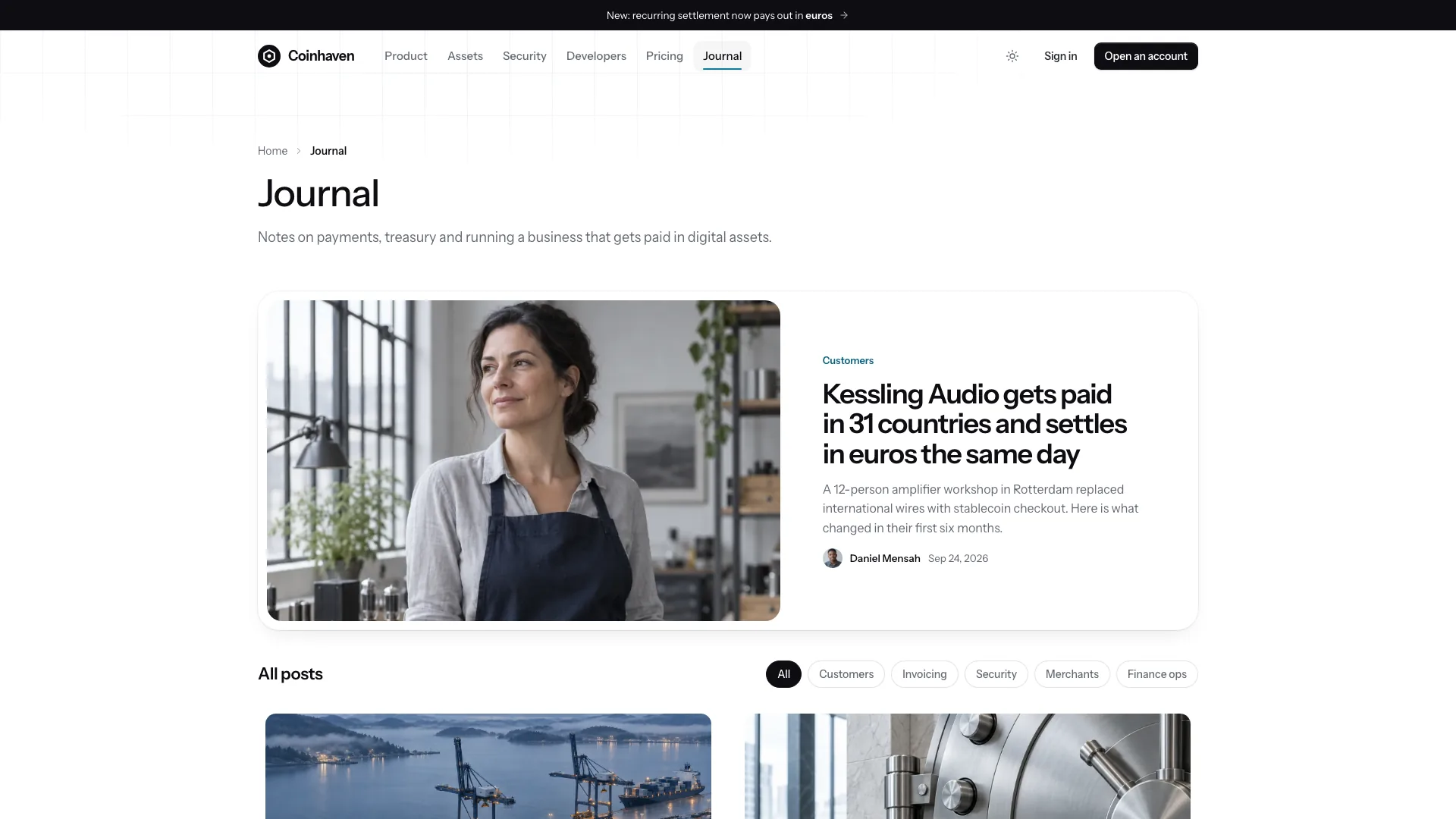 Journal page with a featured Kessling Audio customer article, topic filter chips and post covers