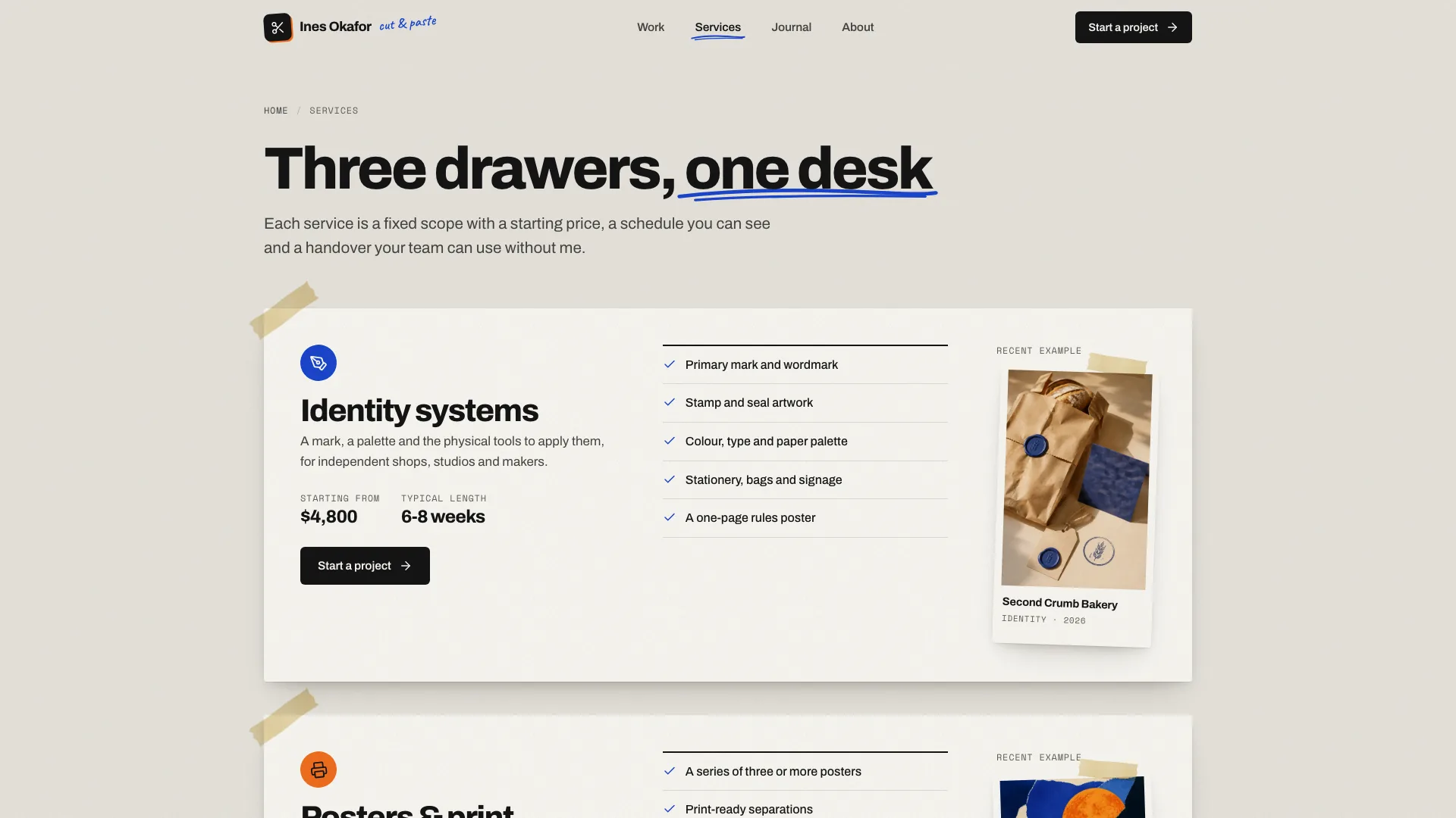 Services page titled Three drawers, one desk with a taped Identity systems sheet showing a starting price of $4,800, a 6-8 week length, a deliverables list and a recent example card