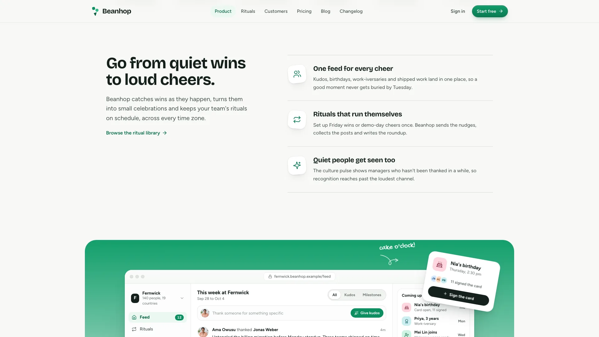 Feature trio beside the headline Go from quiet wins to loud cheers, above the green panel holding the clickable product window