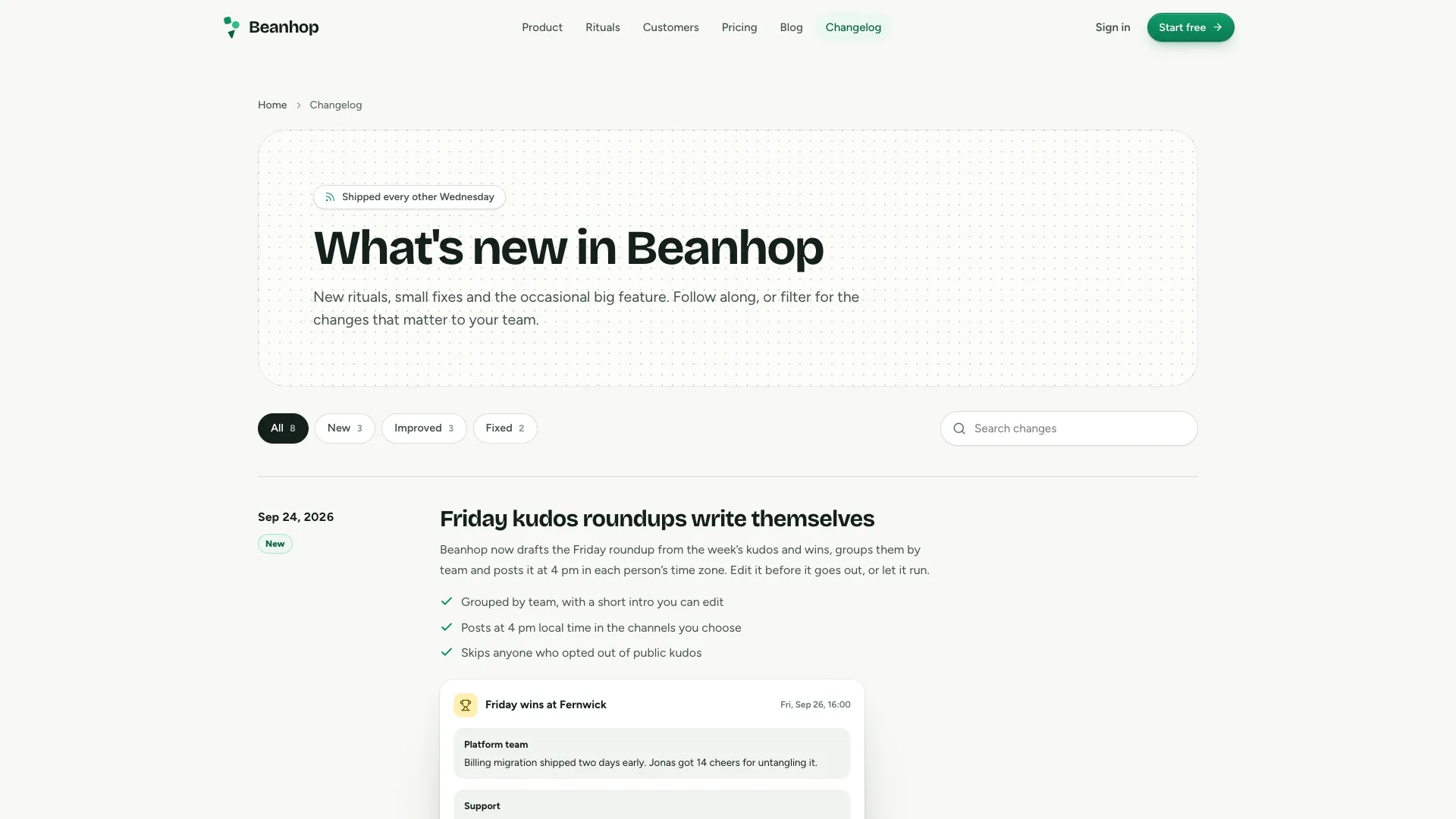 Changelog page What's new in Beanhop with category chips, a search box and the first release entry