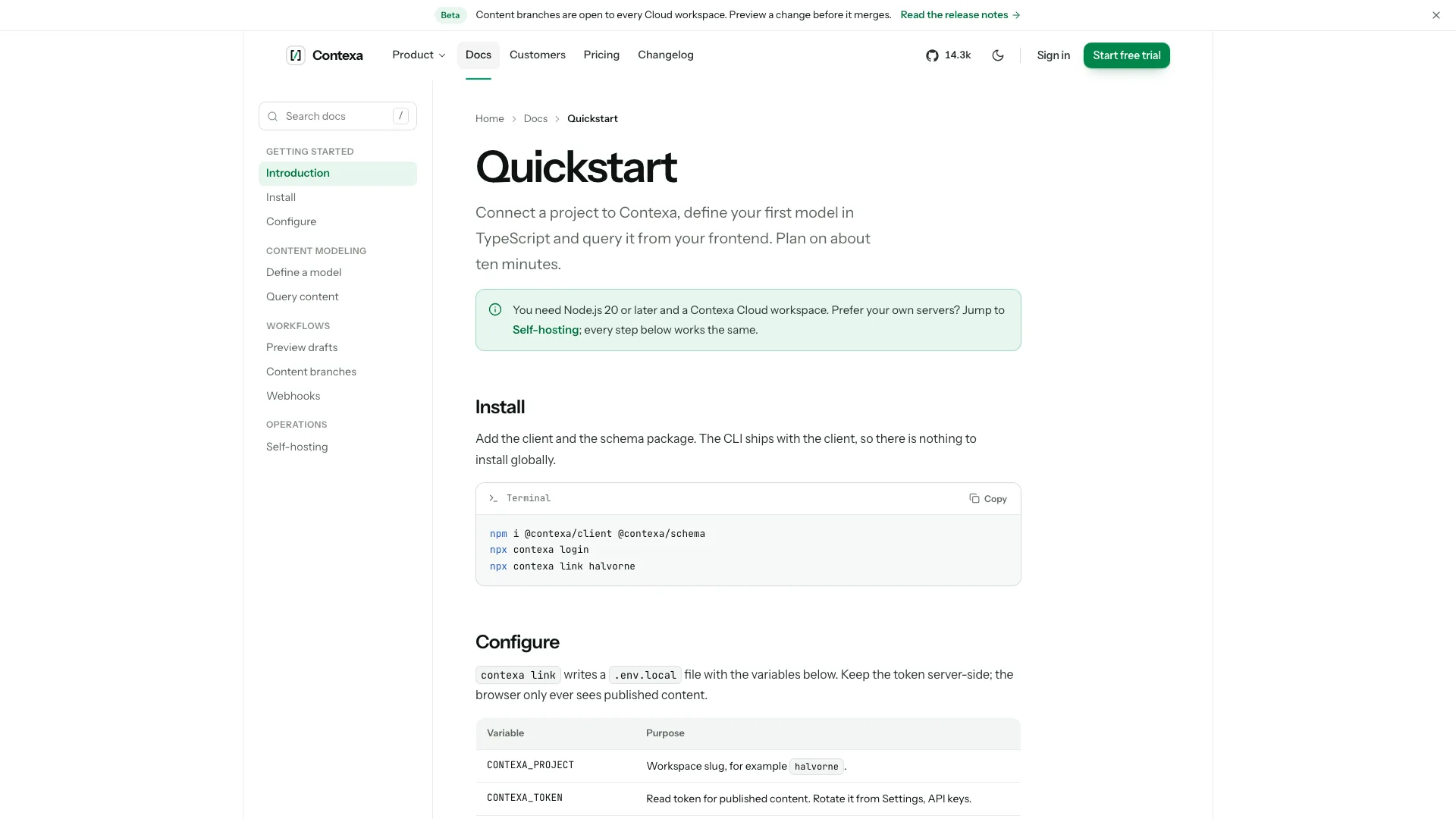 The docs page: a searchable sidebar, the Quickstart article with a requirements callout and an install code block with a copy button