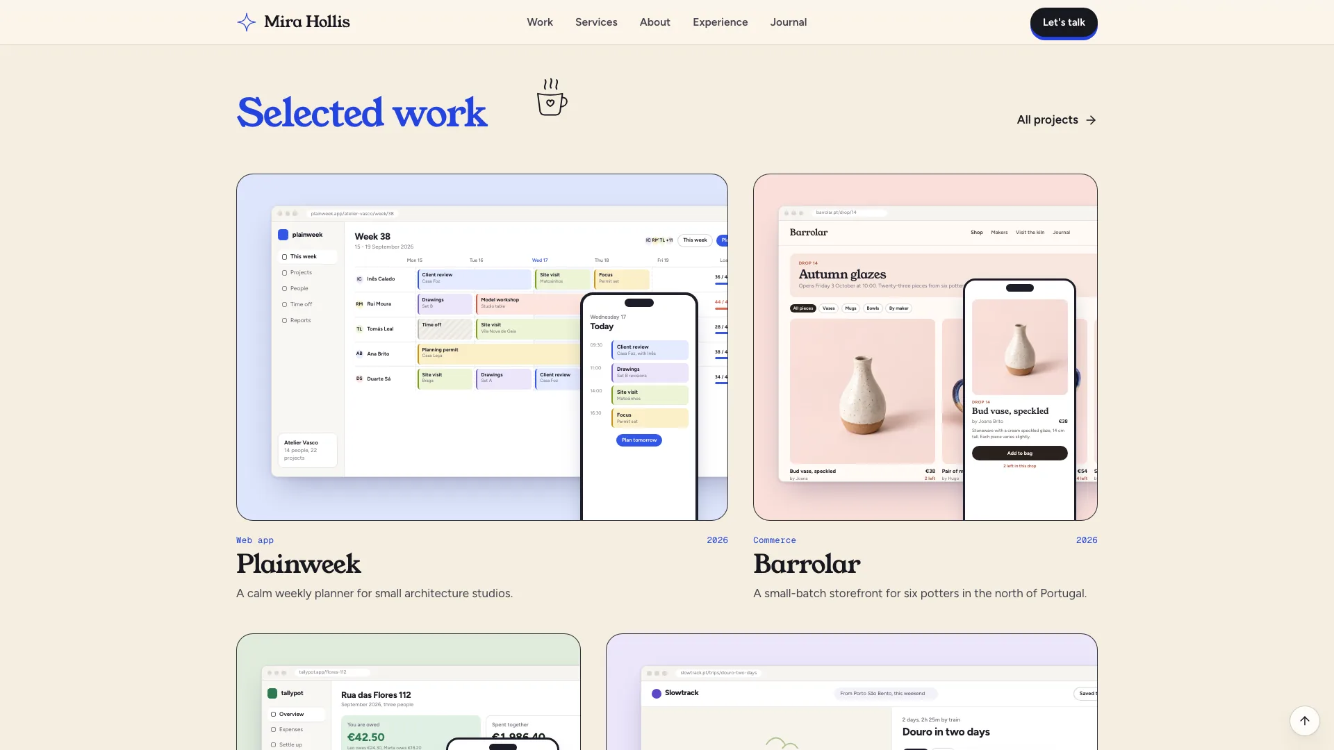 Selected work cards with drawn product previews for Plainweek and Barrolar on pastel stages