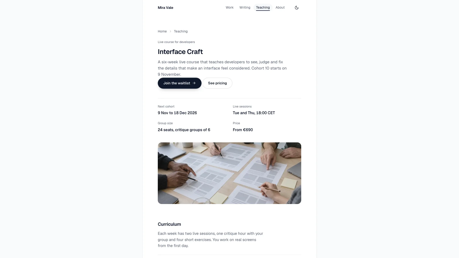 Interface Craft course page with cohort dates, session times, group size, price and a photo of a design critique