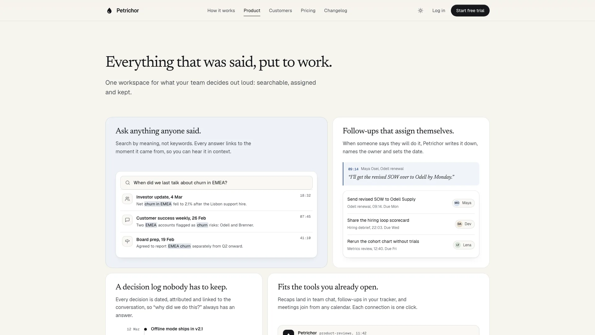 Product section titled Everything that was said, put to work with bento cards for asking any question with cited answers, follow-ups that assign themselves, a decision log and tool connections