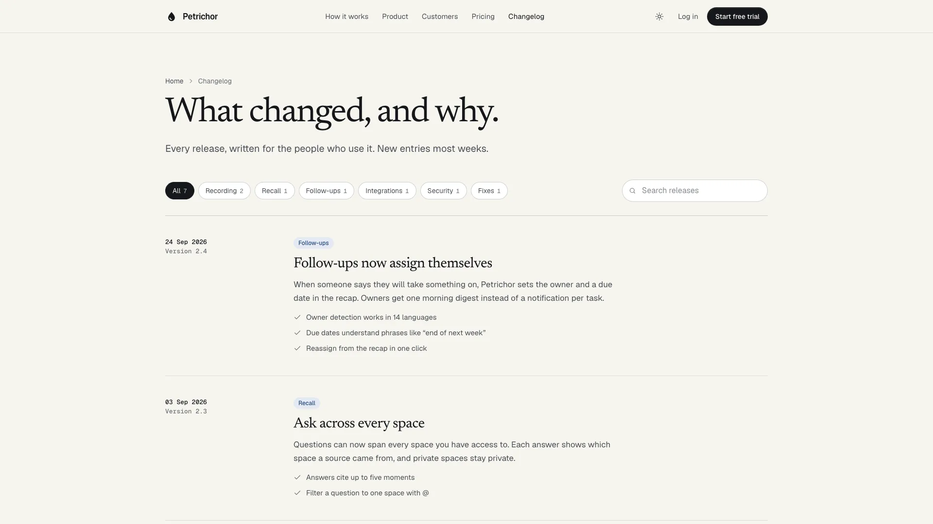 Changelog page titled What changed, and why. with filter chips counting releases by area, a search field and dated release notes with version numbers