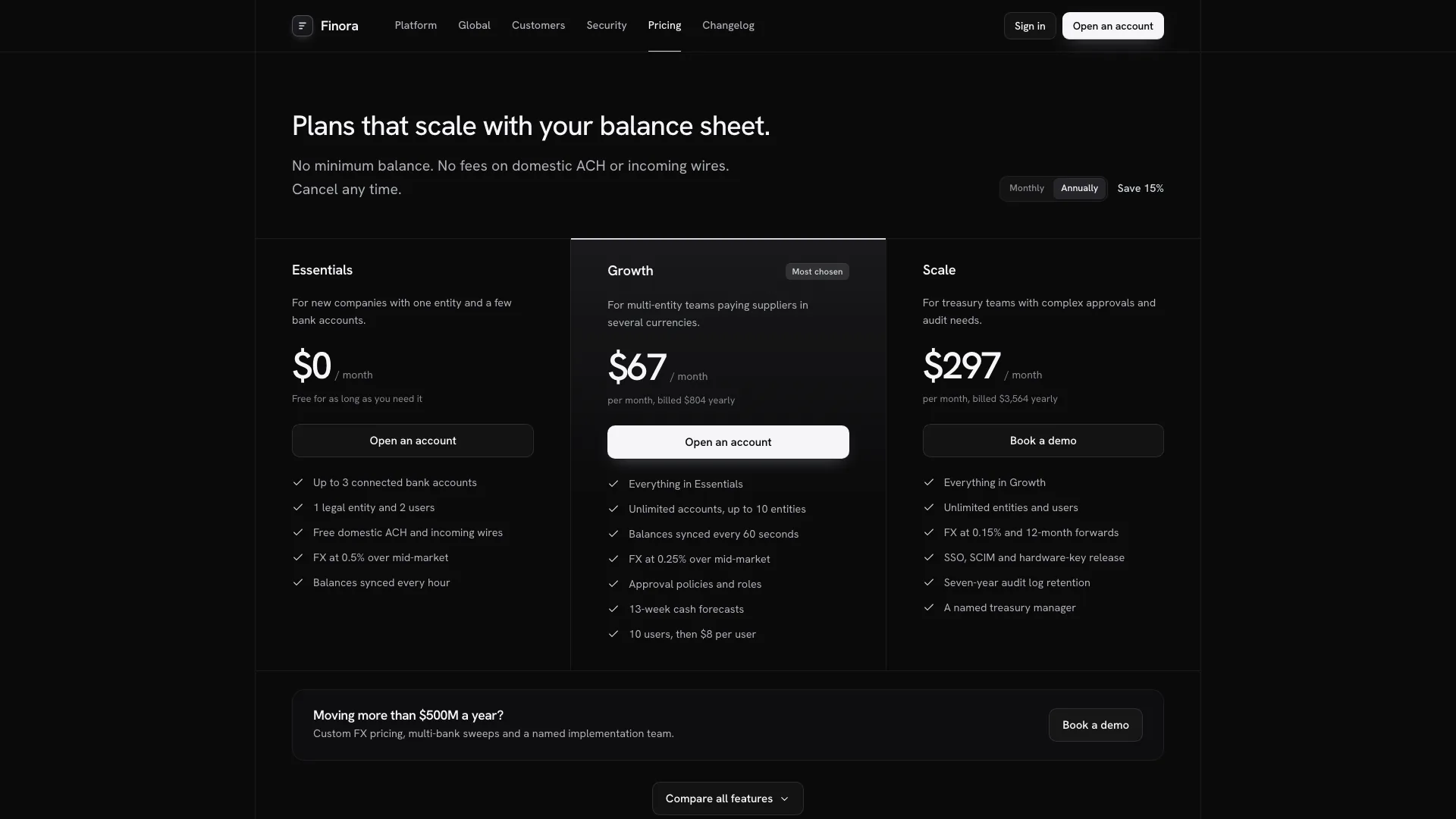 Pricing with three plans, a monthly or annual switch and the Growth plan highlighted