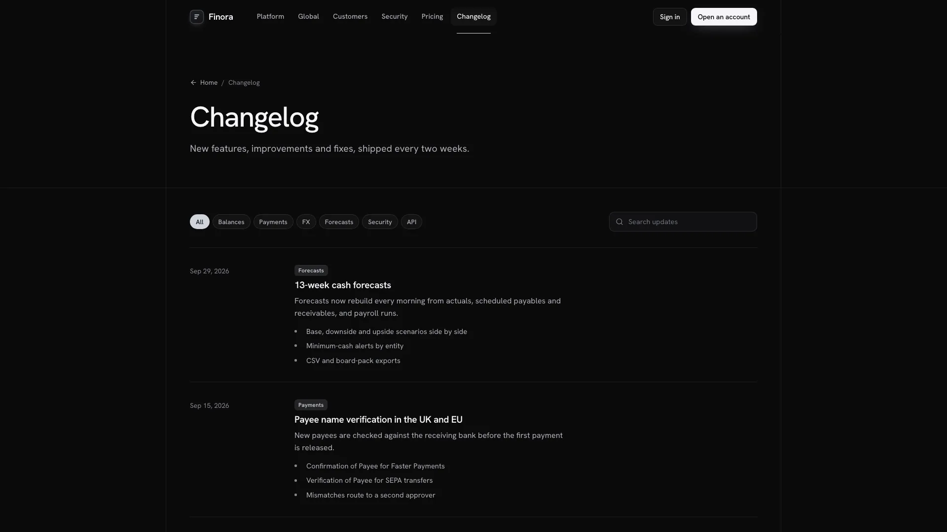 Changelog page with topic filters, search and dated release notes