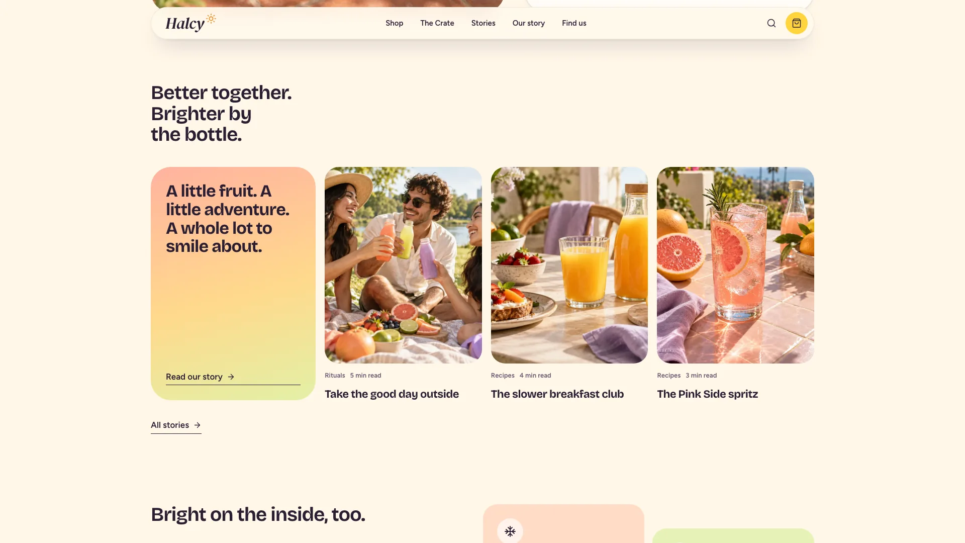 Story row headed Better together. Brighter by the bottle. with a peach-to-lime copy tile and three photo cards for a picnic, a breakfast table and a grapefruit spritz