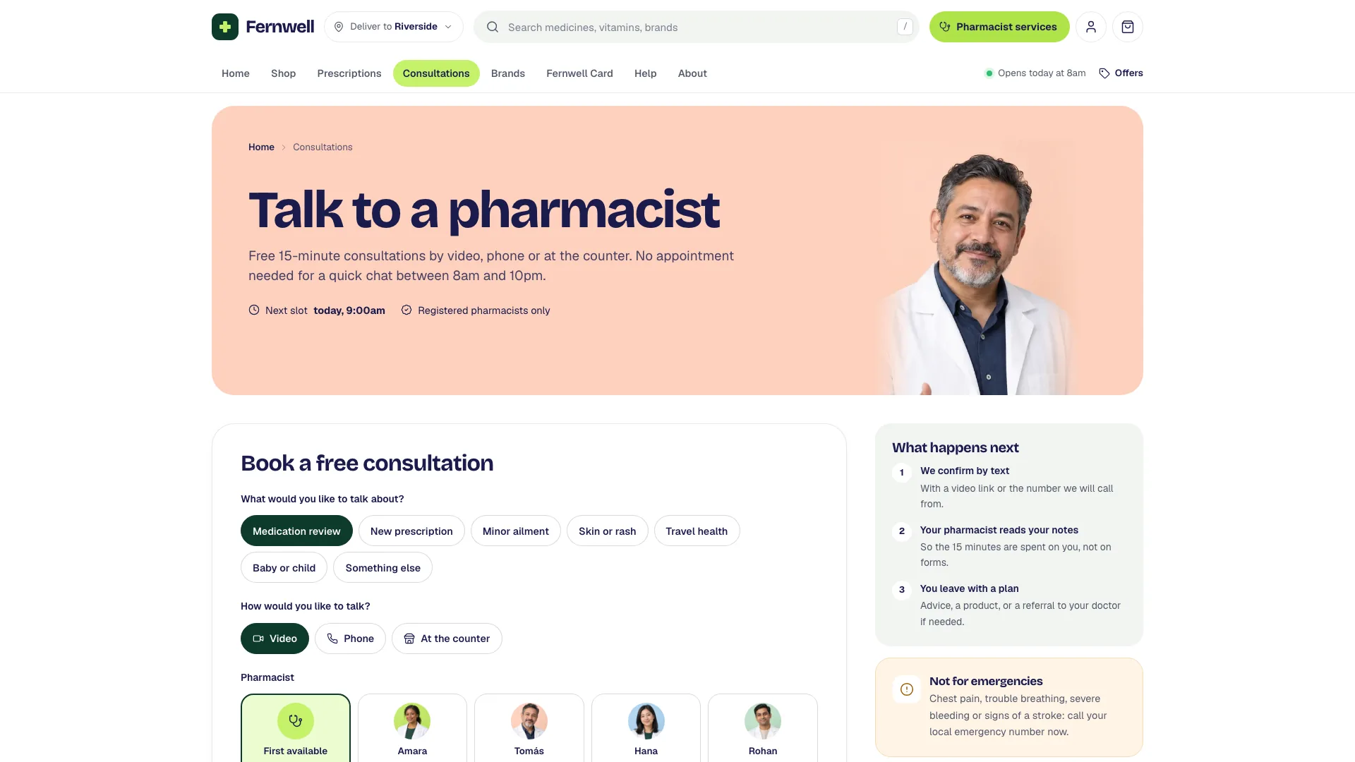 Talk to a pharmacist page with a peach header, a pharmacist portrait and the Book a free consultation form