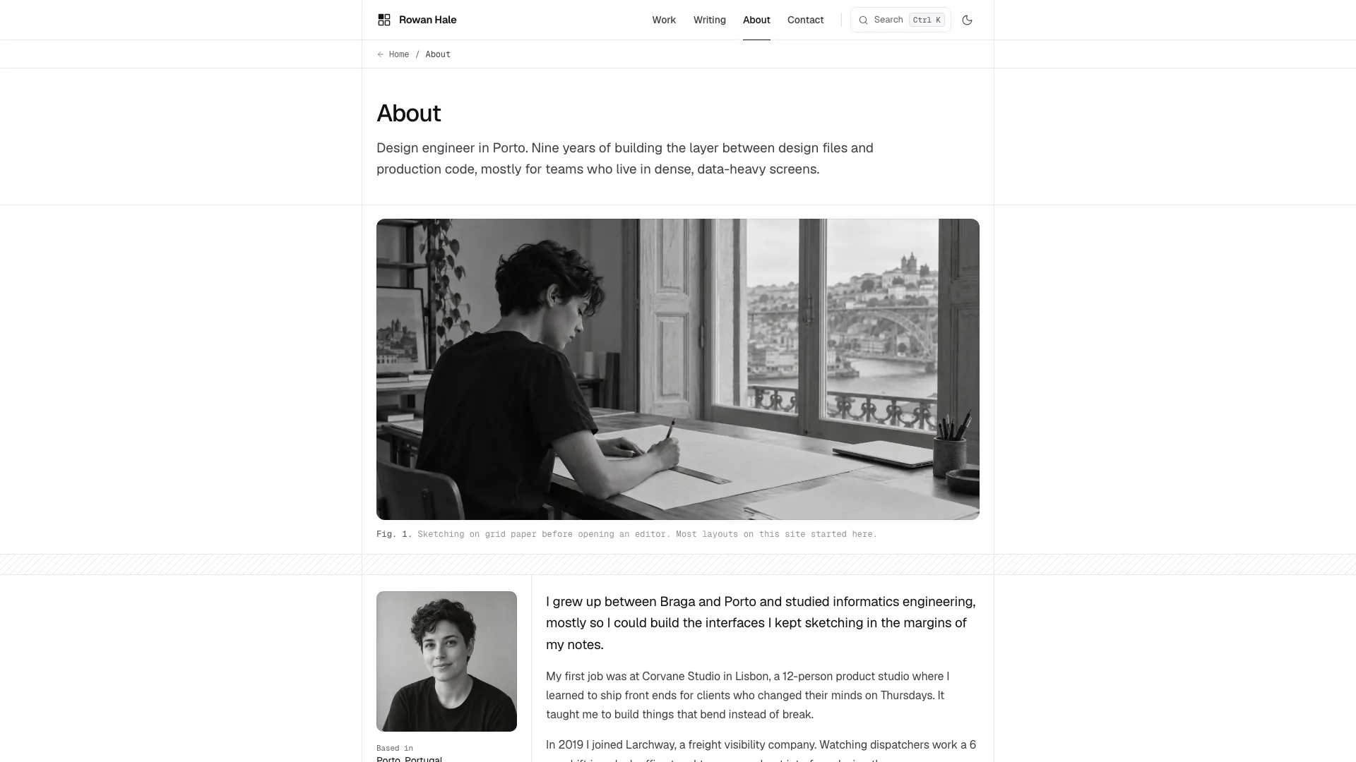 About page with a black-and-white photo of the designer sketching by a window, a Fig. 1 caption and the bio with portrait