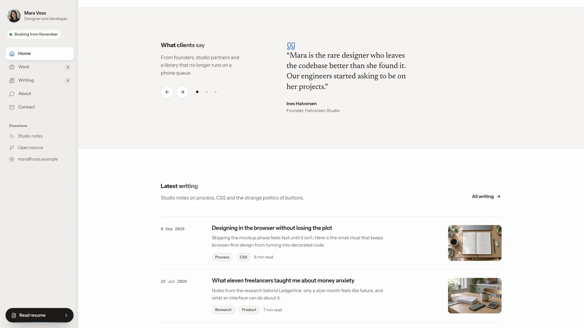 Client quote carousel above the Latest writing list with dates, tags and photo covers