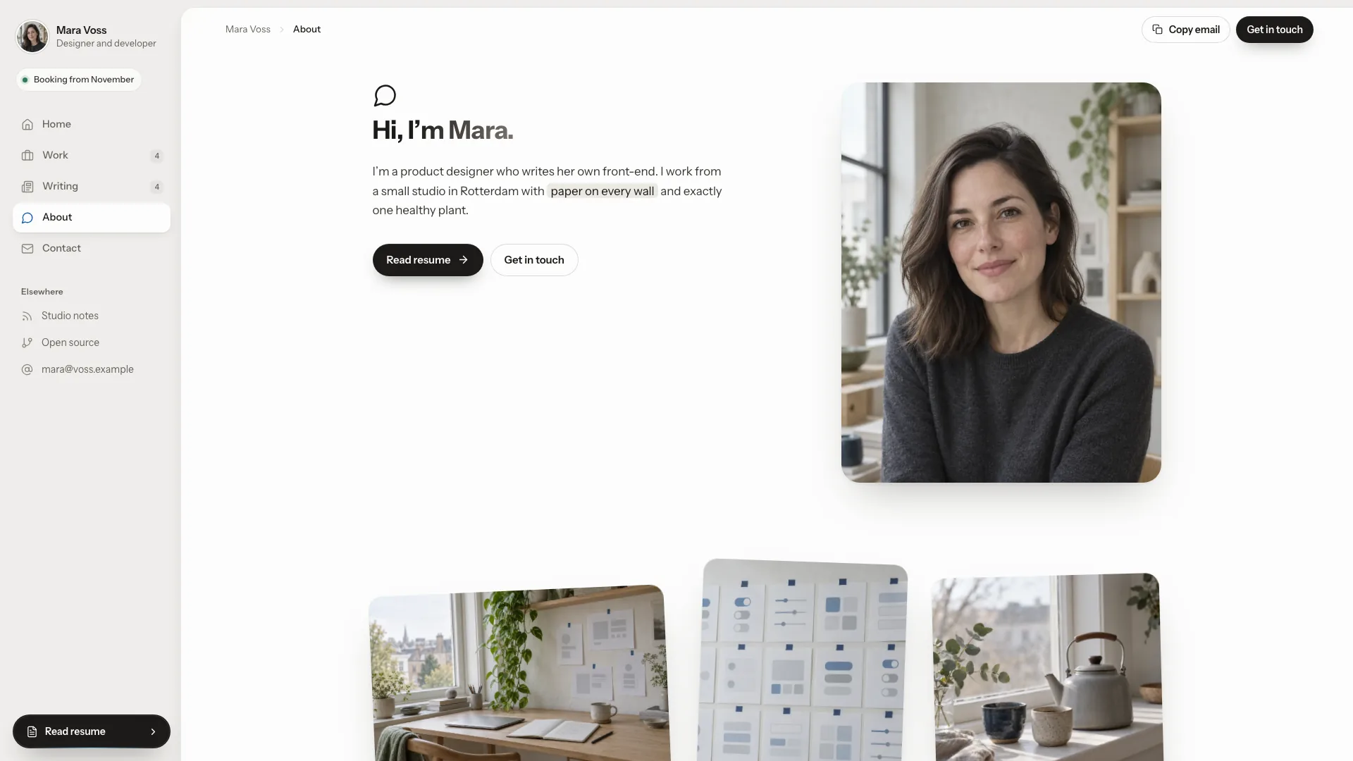 About page with the greeting Hi, I'm Mara, a portrait and tilted studio photos below