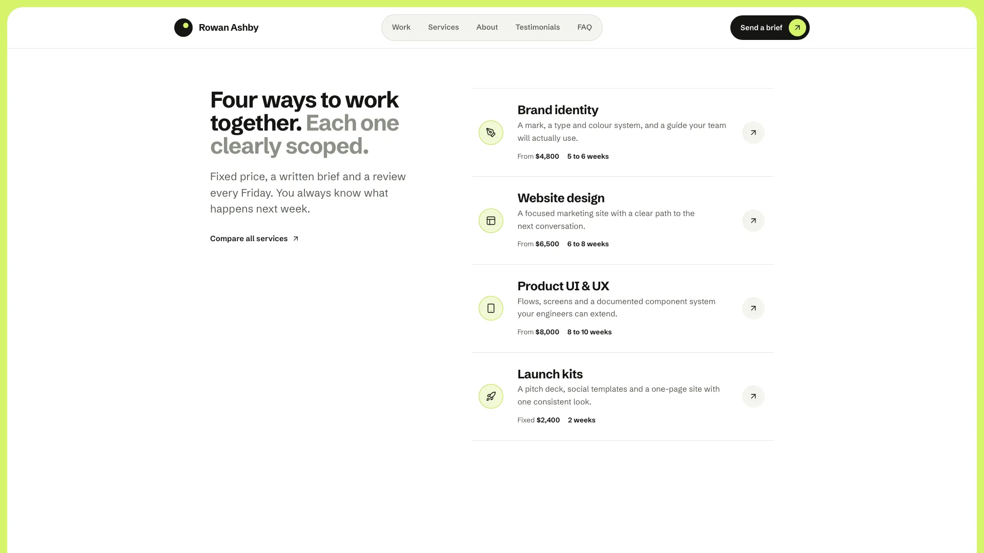The services index: the heading Four ways to work together beside four service rows with icons, starting prices and timelines