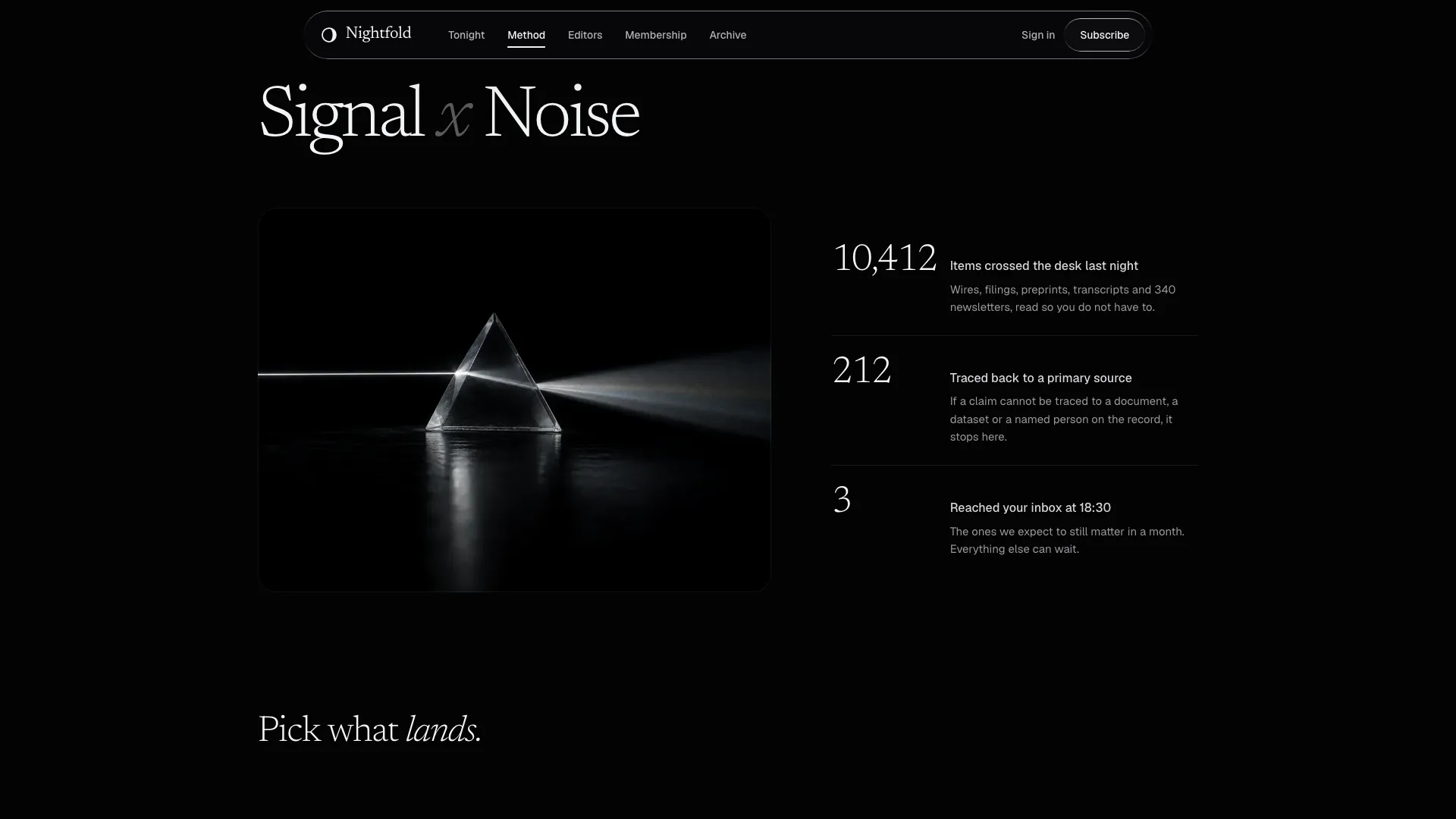 Signal x Noise section with a glass prism splitting light beside the figures 10,412, 212 and 3