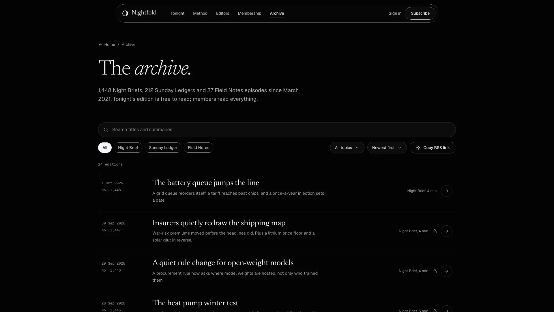 Archive page with a search field, edition filter chips, topic and sort menus and a list of dated editions