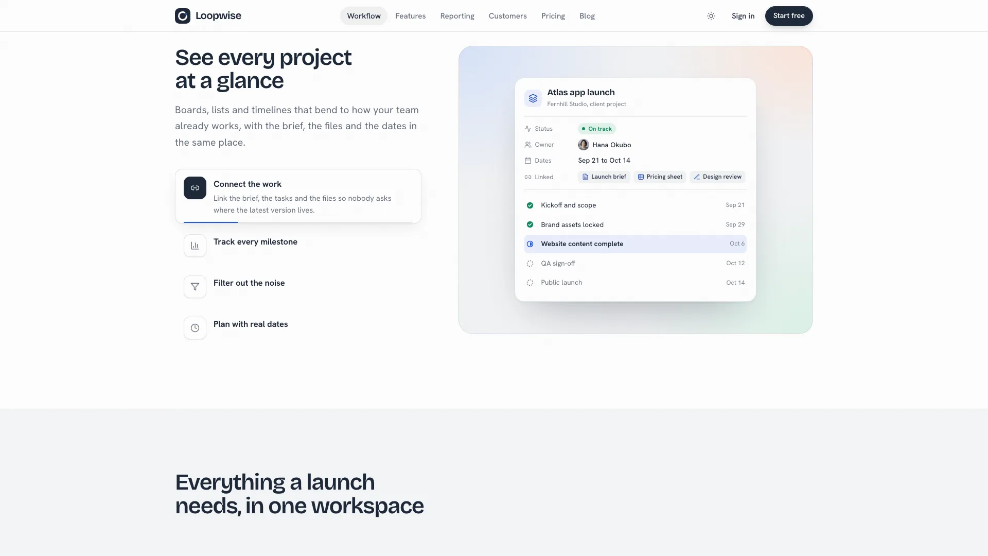 Workflow section with icon tabs beside a project card showing milestones