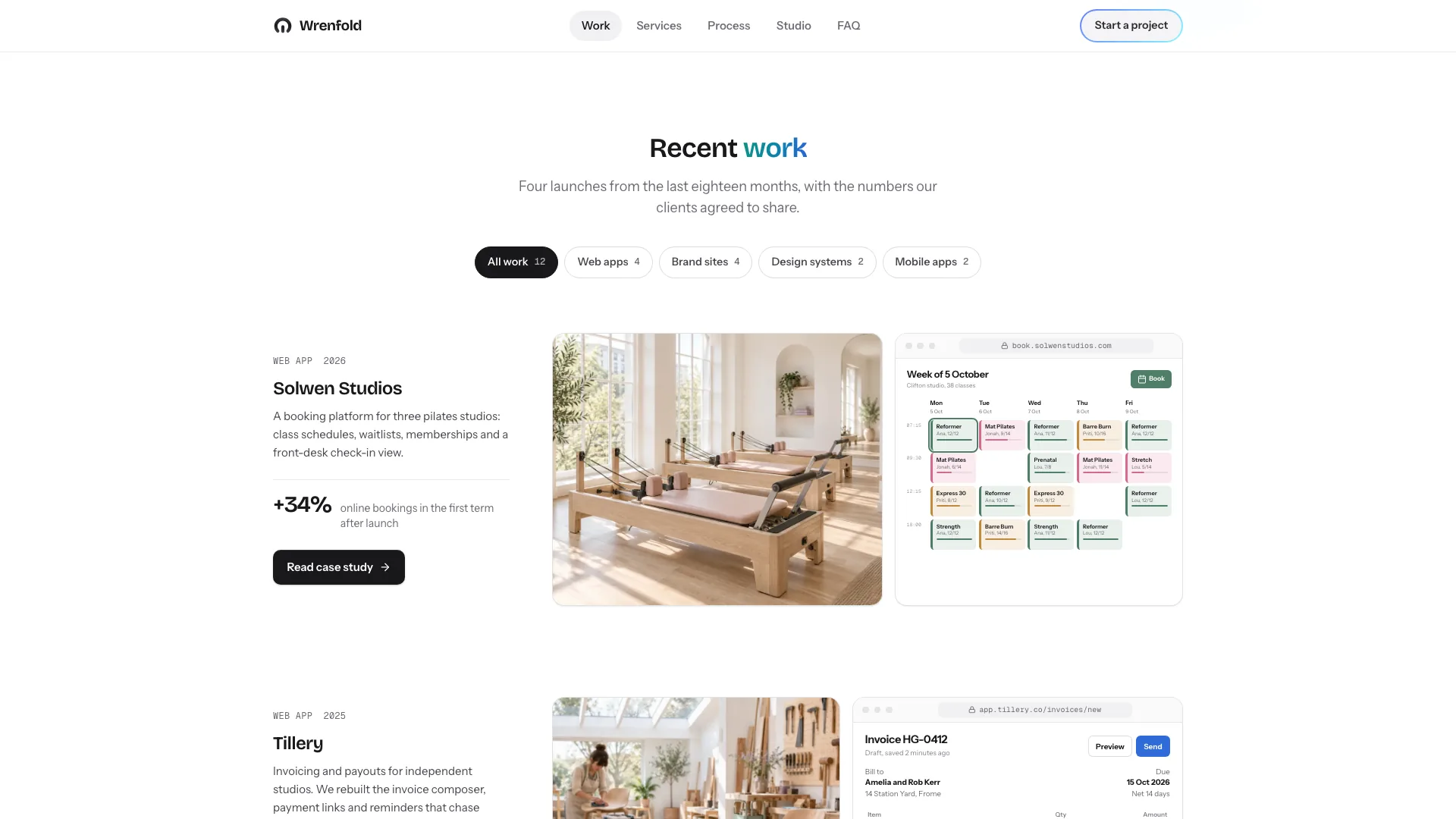 Recent Work section with category filter chips and a Solwen Studios project row pairing a studio photo with a class-schedule window