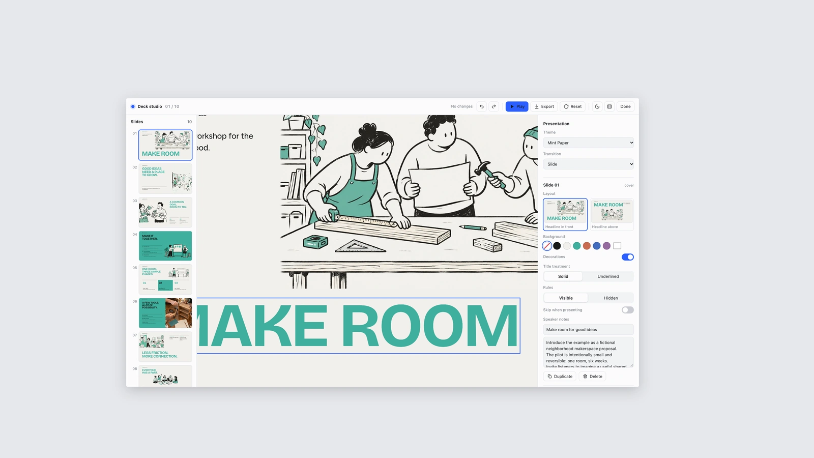 The browser editing studio with the cover headline selected