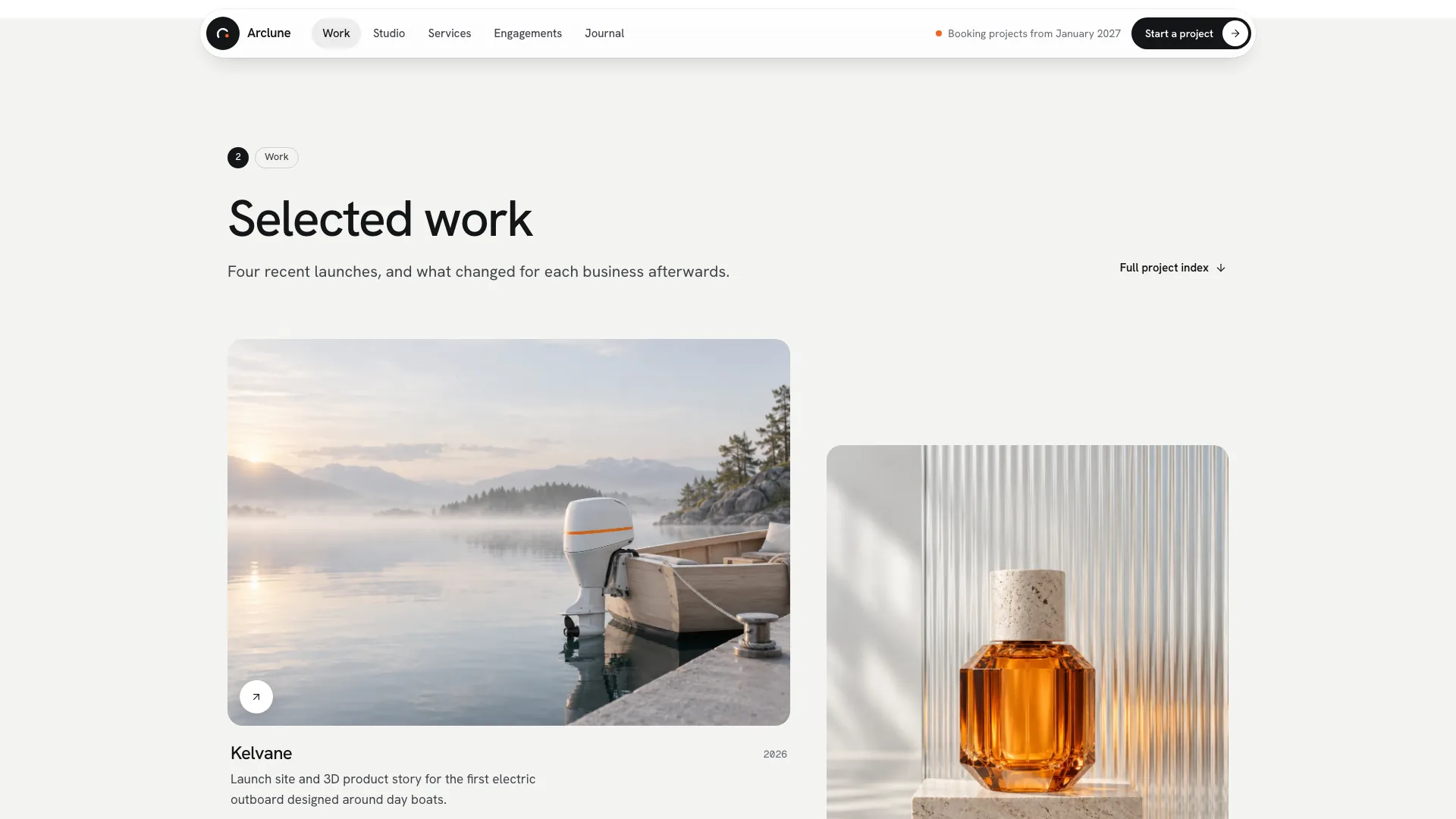 The Selected work section: a numbered badge, the heading Selected work and two project cards with photos of an electric outboard motor and a perfume bottle