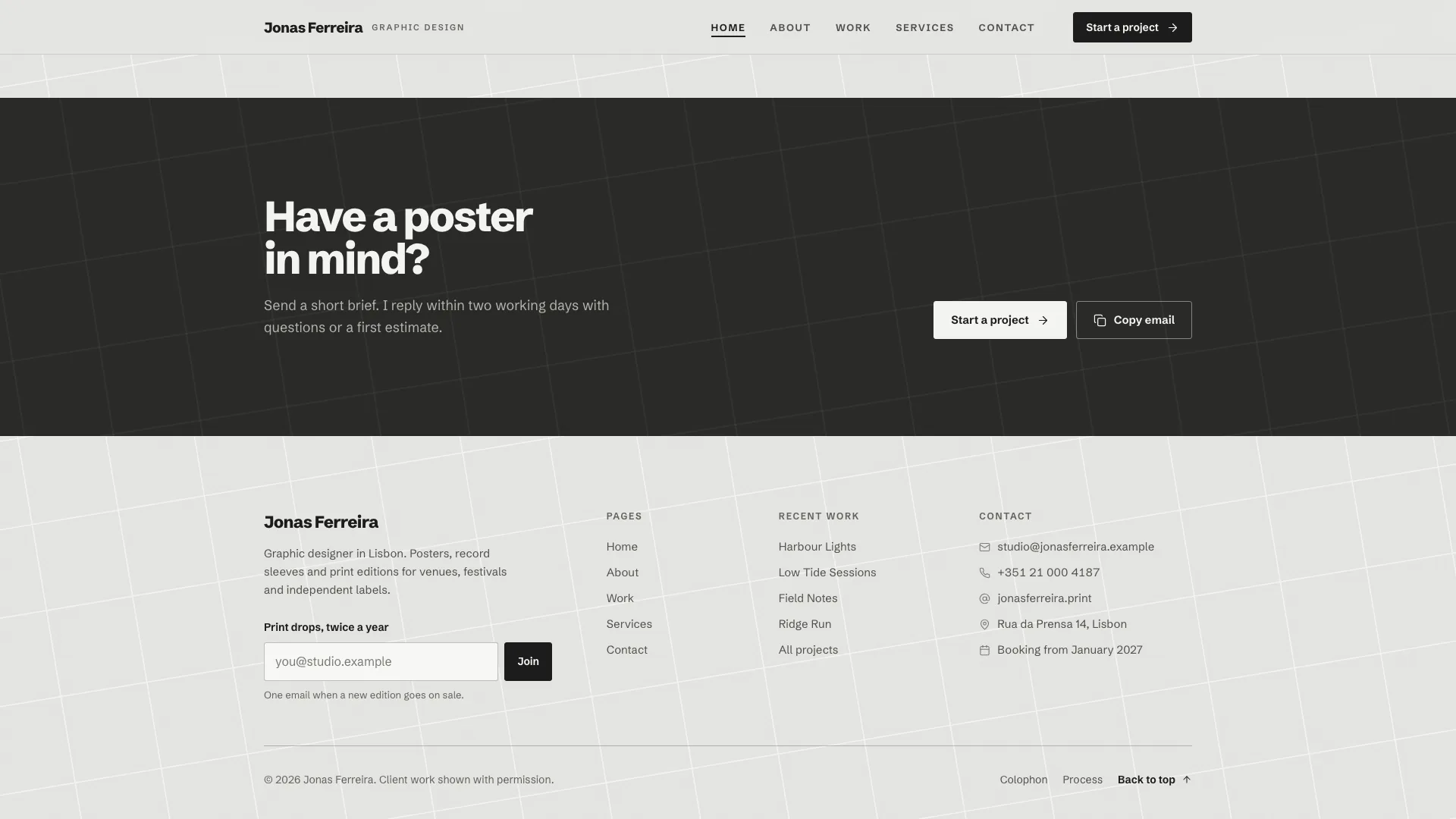 Dark closing band asking Have a poster in mind? with Start a project and Copy email, above the footer with pages, recent work and contact