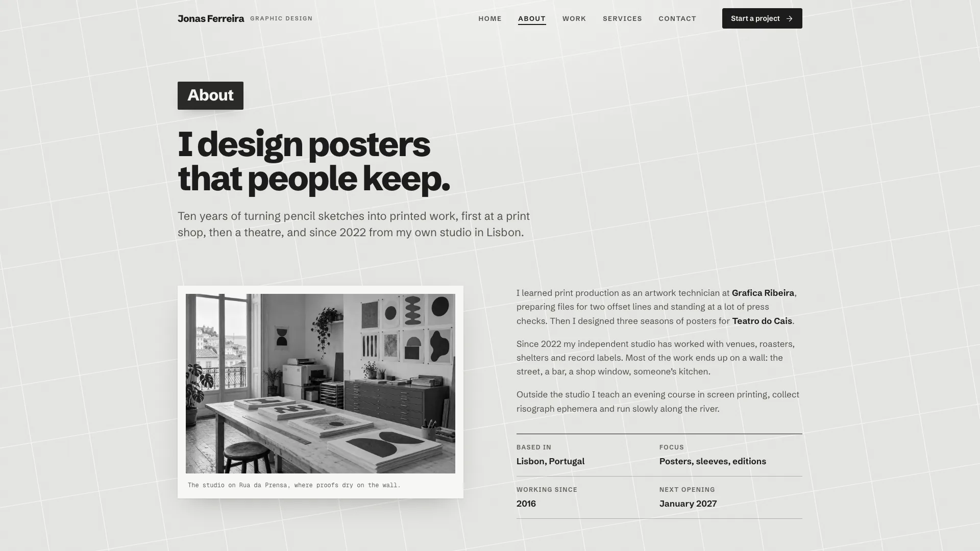 About page: I design posters that people keep. above a black-and-white studio photo and the bio with facts