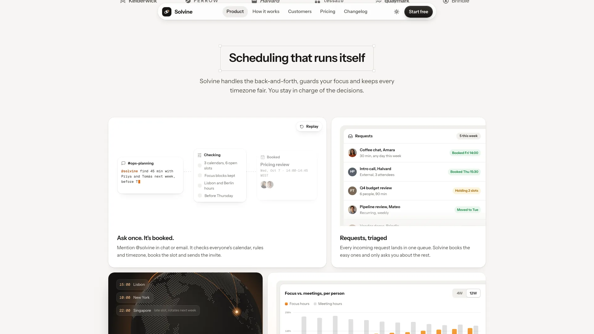 Pill navbar over the Scheduling that runs itself bento, with the request pipeline and the triaged requests inbox