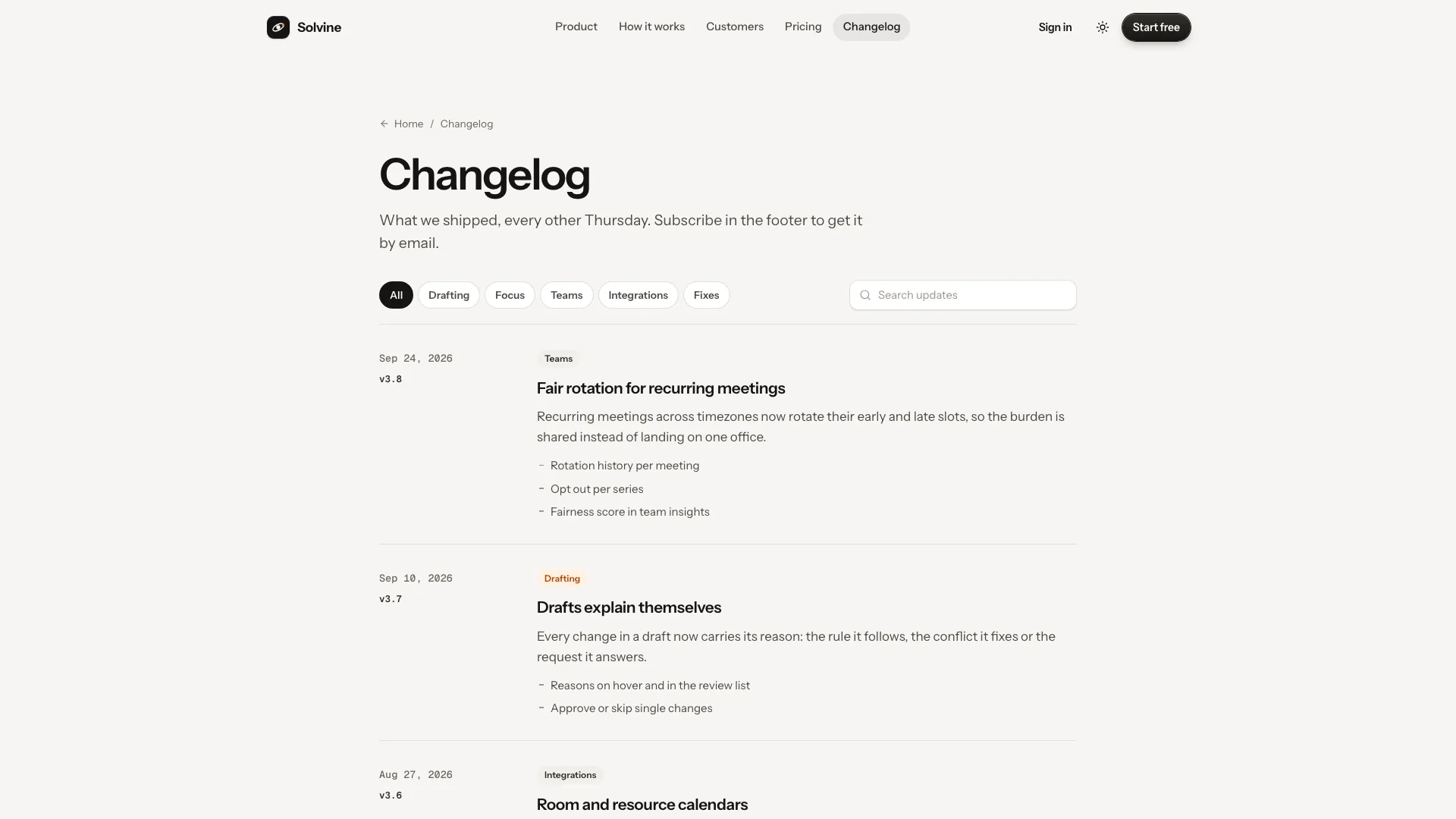 Changelog page with dated version entries, category chips and a search box