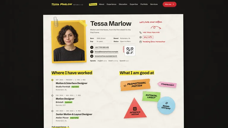 Paper-Texture Resume Site — Source example · Skillry