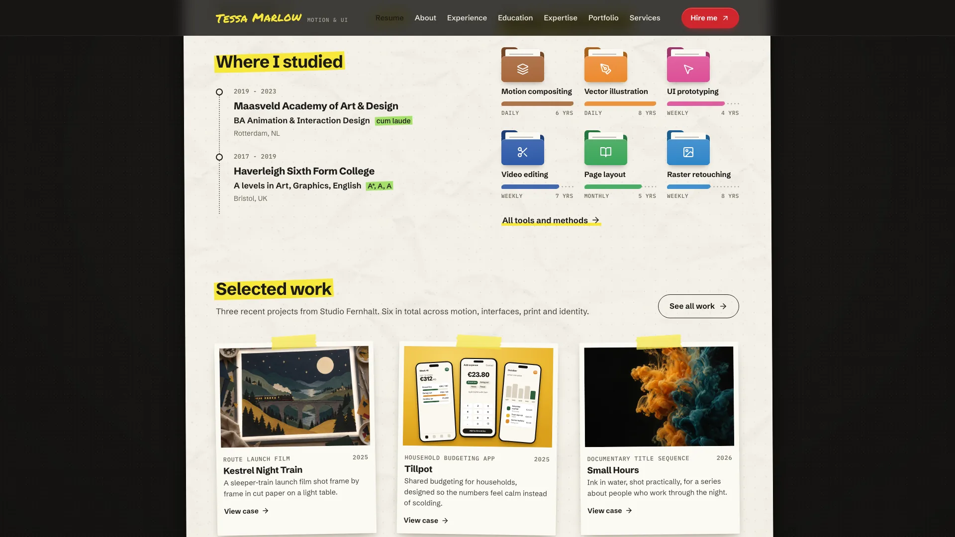 Lower on the resume page: a dotted education timeline, colourful tool folders with dotted skill bars and the Selected work strip of taped project prints