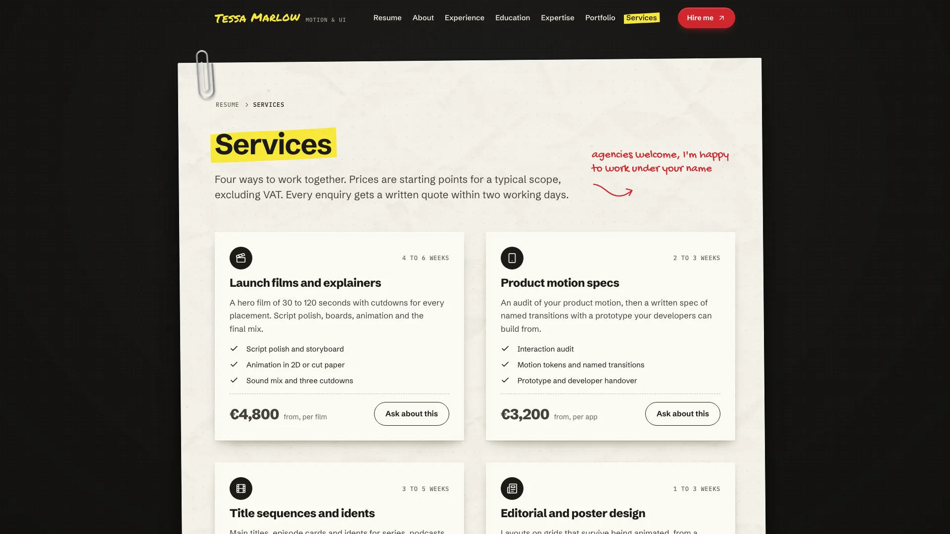 The Services page: a highlighted Services heading with a red margin note and service cards with timelines, inclusions and starting prices