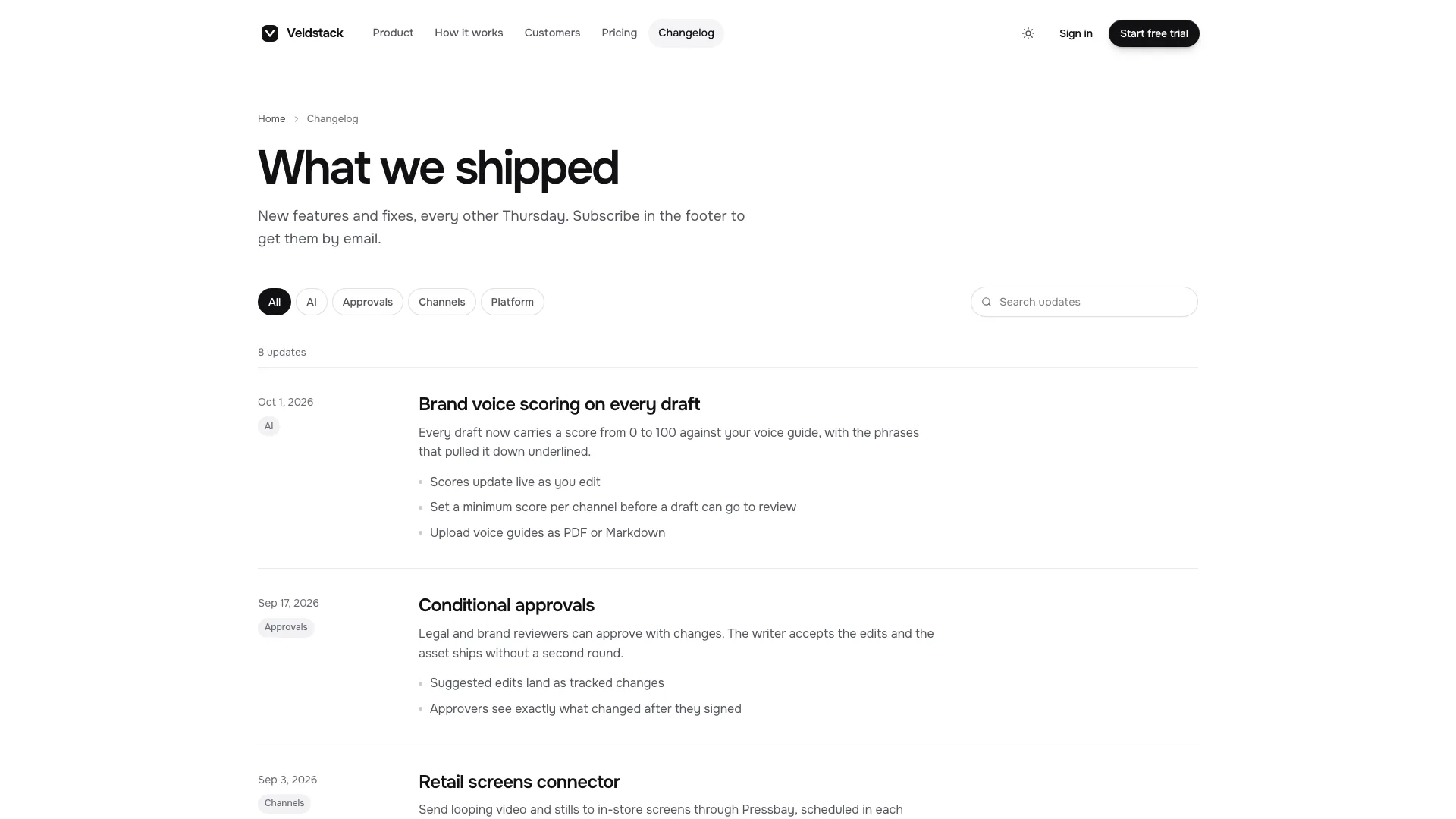 Changelog page with category filters, search and dated updates