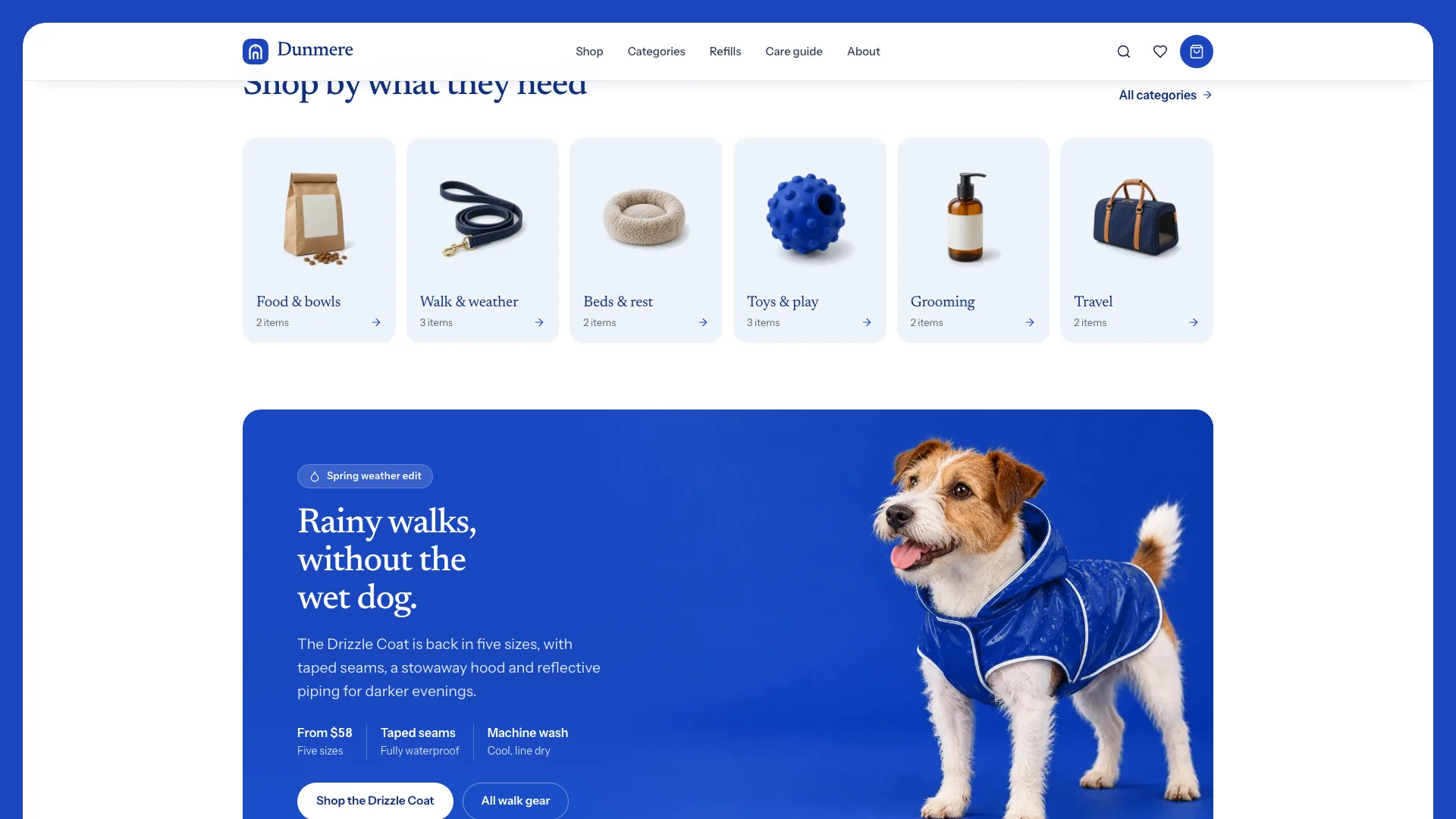 Category tiles for food, walks, beds, toys, grooming and travel above a royal-blue Spring weather edit banner with a terrier in a blue raincoat