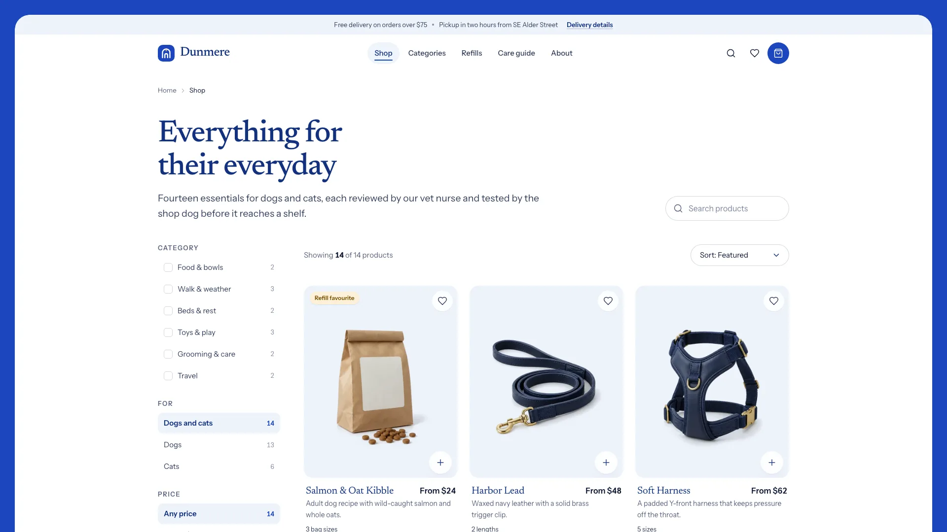 Shop page titled Everything for their everyday with category, pet and price filters on the left, a search field, a Featured sort and product cards for kibble, a navy lead and a harness