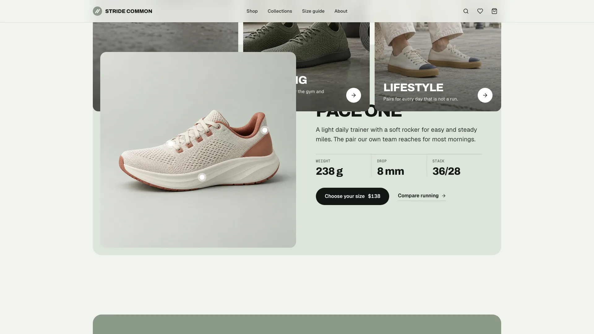 Pace One spotlight with the product photo and weight, drop and stack figures, under the Training and Lifestyle collection tiles