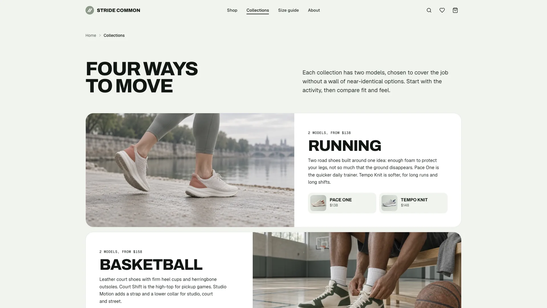 Collections page Four ways to move, with the Running collection photo and its two models