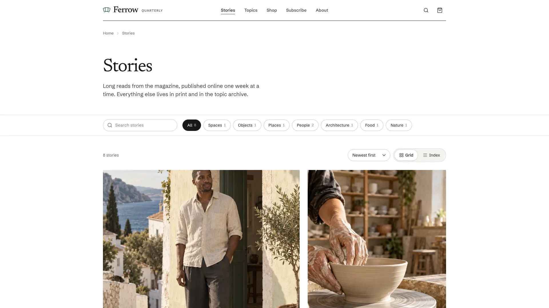 The Stories page: a search box, topic filter chips with counts, a sort menu, a grid or index switch and large story photos
