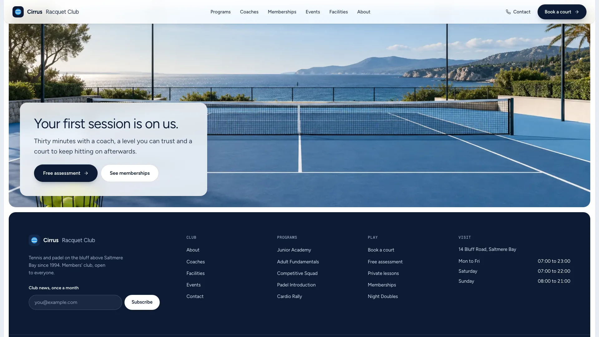 Closing call to action over a seaside court photo, above the navy footer with program links, opening hours and a newsletter field