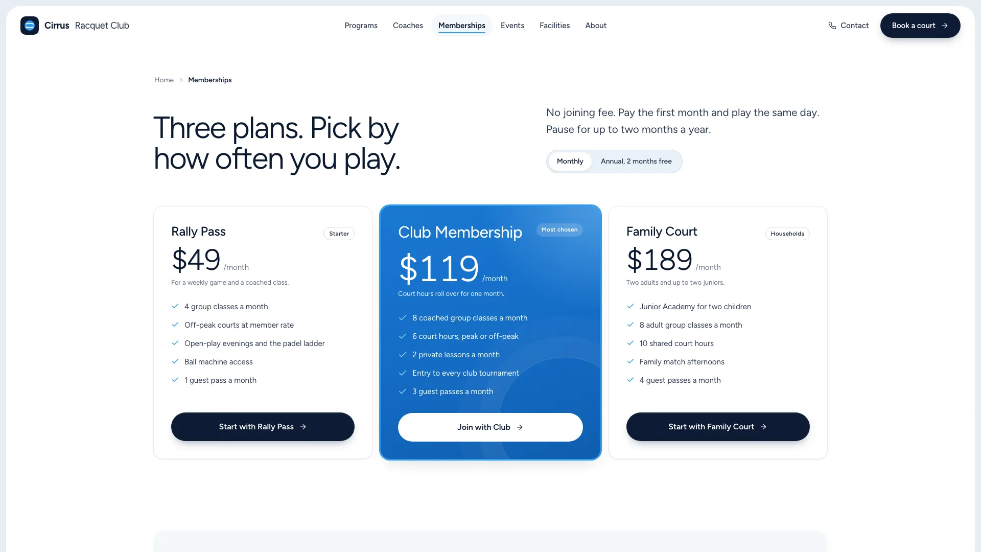 Memberships page with three plans, the blue Club Membership card in the middle and a monthly or annual switch