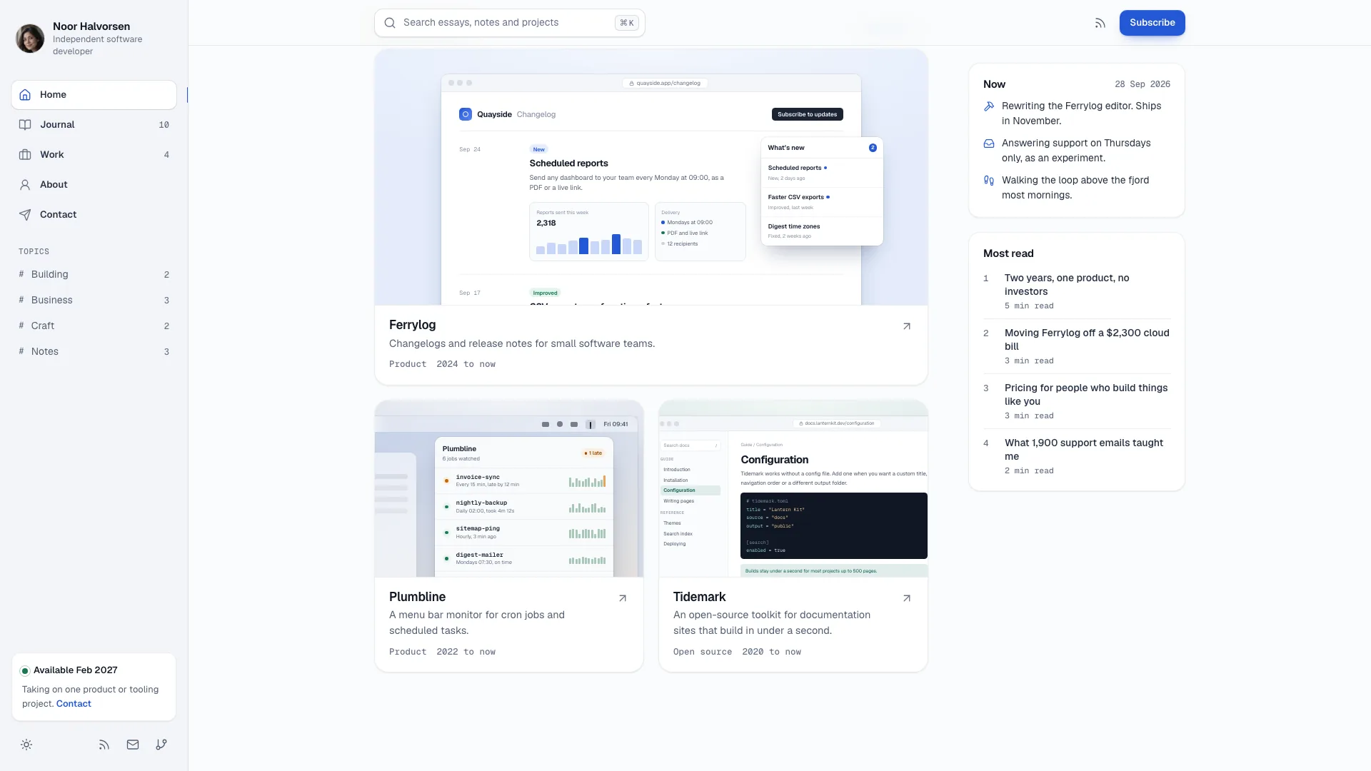 Selected work cards showing drawn product screens for Ferrylog, a changelog tool, Plumbline, a menu bar monitor, and a documentation toolkit, beside Now and Most read lists in the right rail